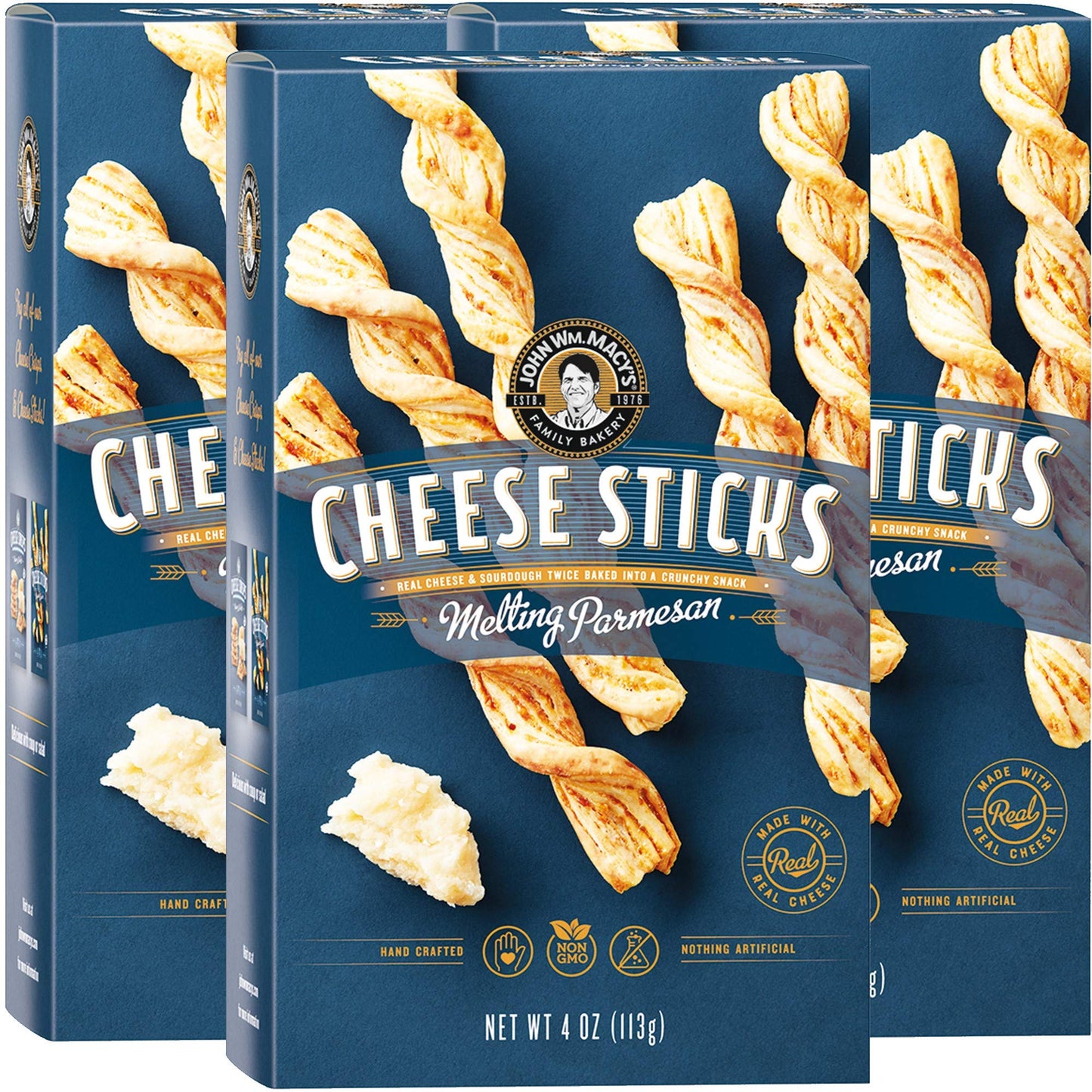 JOHN WM. MACYS CHEESESTICKS Melting Parmesan Cheese Sticks - Hand Crafted, Non-GMO - 4 oz. Cartons - 3 Pack