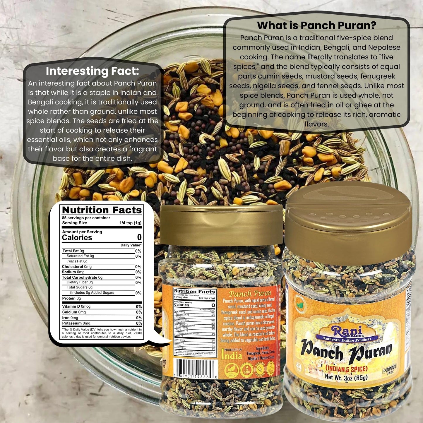 Rani Brand Panch Puran Spice Blend, All Natural, Vegan, Gluten Friendly, 3oz PET Jar