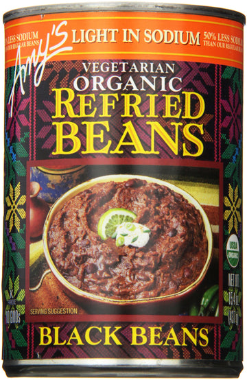 Amy's Organic Refried Black Beans Canned, Light in Sodium, Vegan, Gluten Free and Vegetarian, 15.4 Oz (6 Pack)