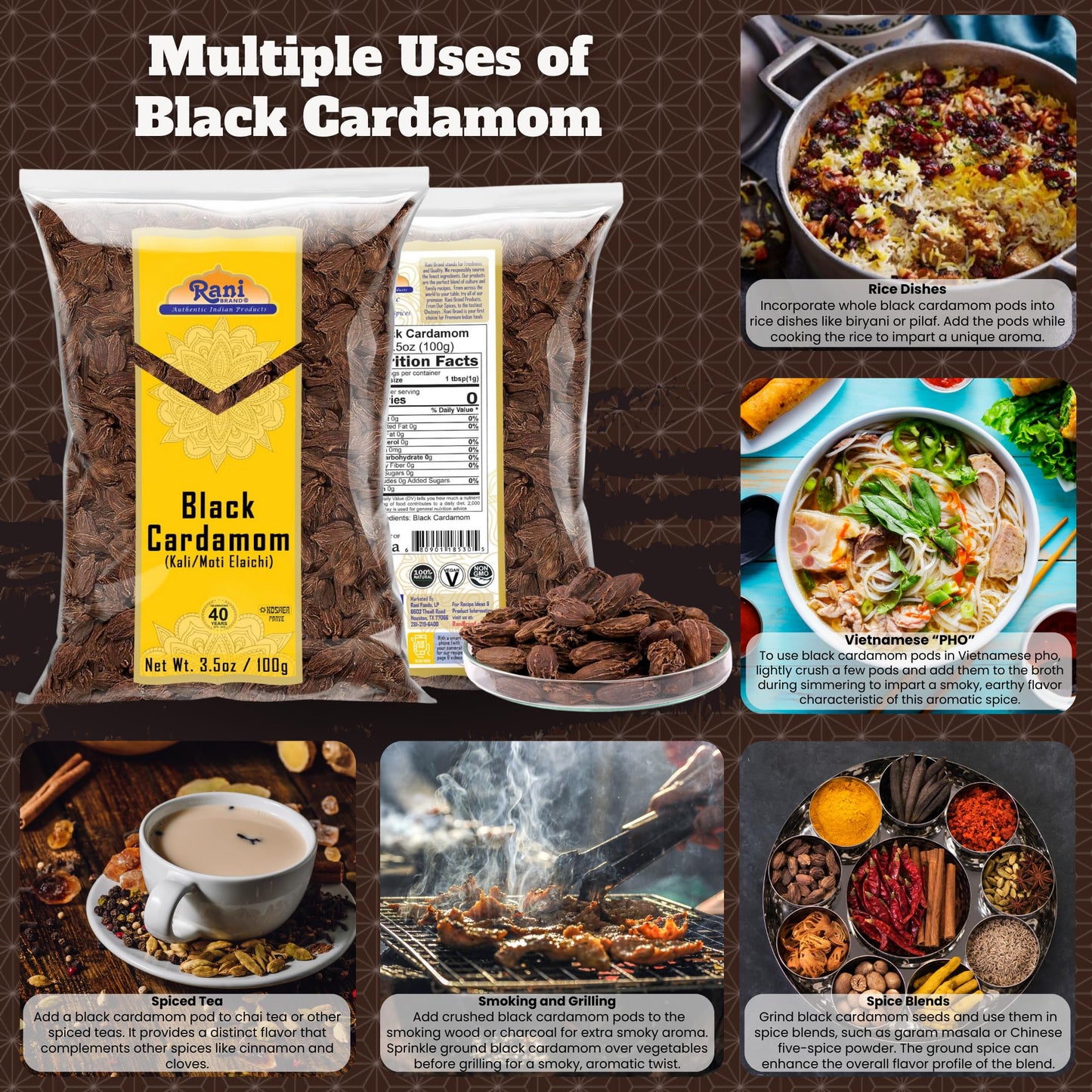 Rani Black Cardamom Pods (Kali Elachi) Whole Indian Spice 3.5Oz (100G) ~ All Natural | Vegan | Gluten Friendly | Non-Gmo | Indian Origin ~ Smokey | Tsaoko | Cao Guo | Bach Dan Khau | Badi