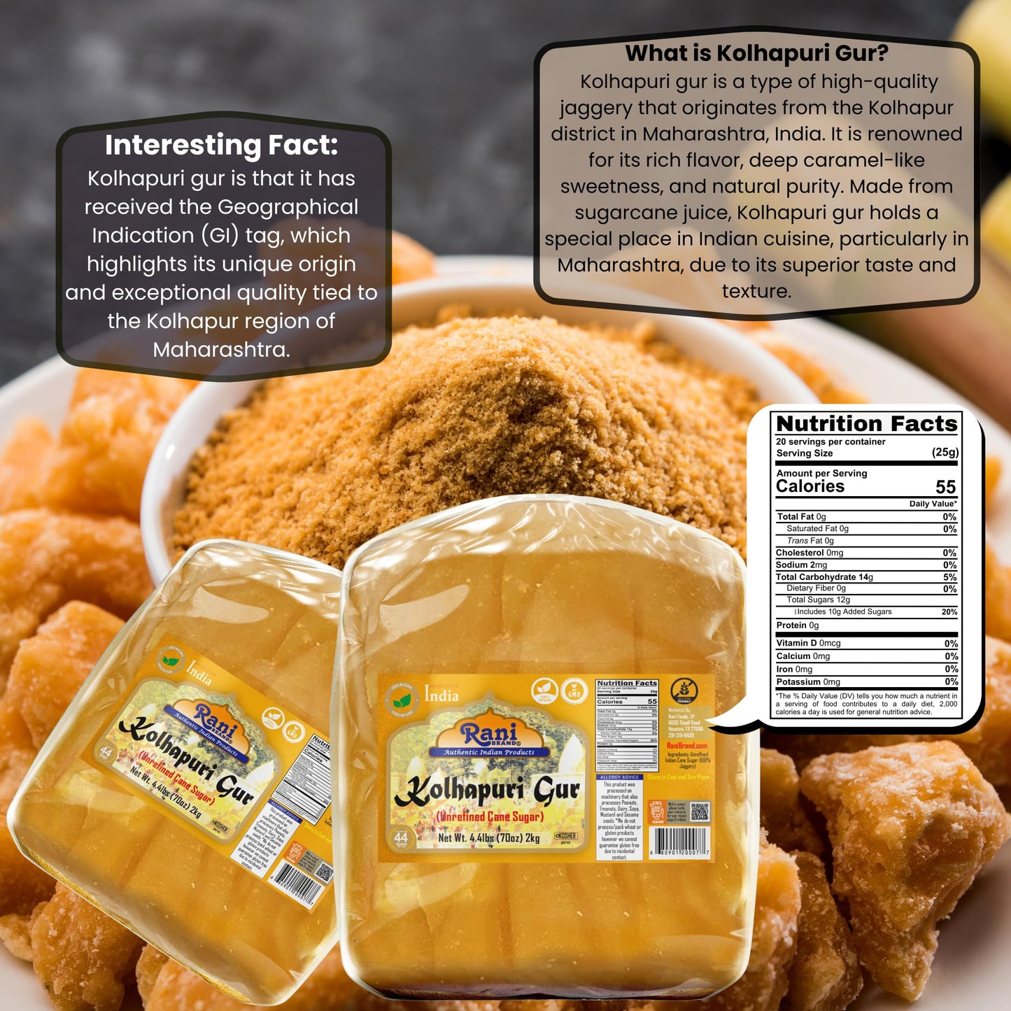 Rani Kolhapuri Gur (Jaggery) 70oz (4.4lbs) 2kg ~ Unrefined Cane Sugar, No Color added, Gluten Friendly | Vegan | NON-GMO | Koshe