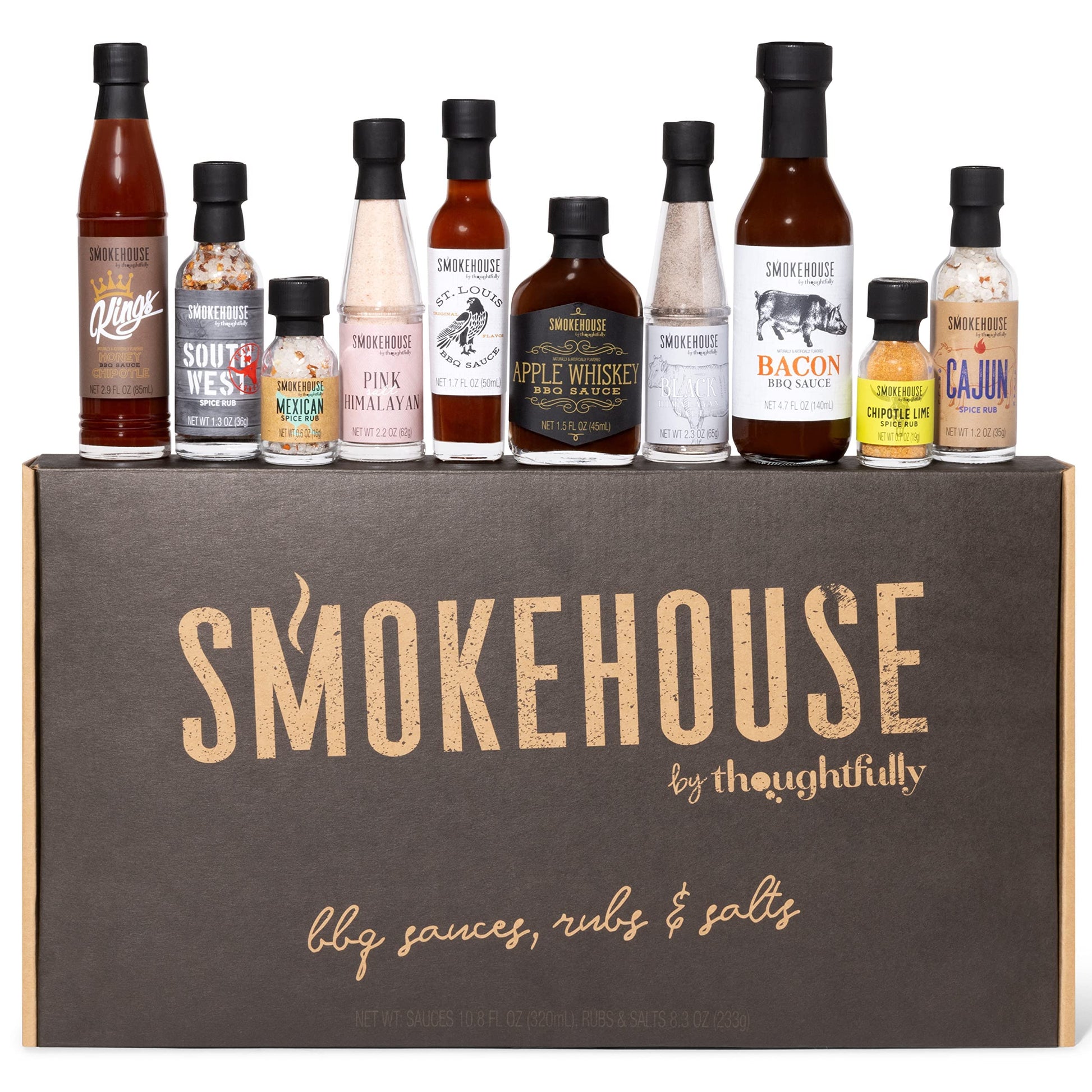 Thoughtfully Ultimate BBQ Sampler Set - 10 Piece Vegan & Vegetarian Sauces, Rubs, & Salts in Sample Size Glass Bottles