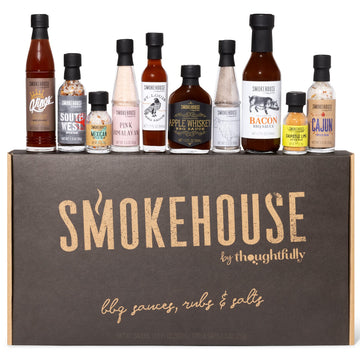 Thoughtfully Ultimate BBQ Sampler Set - 10 Piece Vegan & Vegetarian Sauces, Rubs, & Salts in Sample Size Glass Bottles