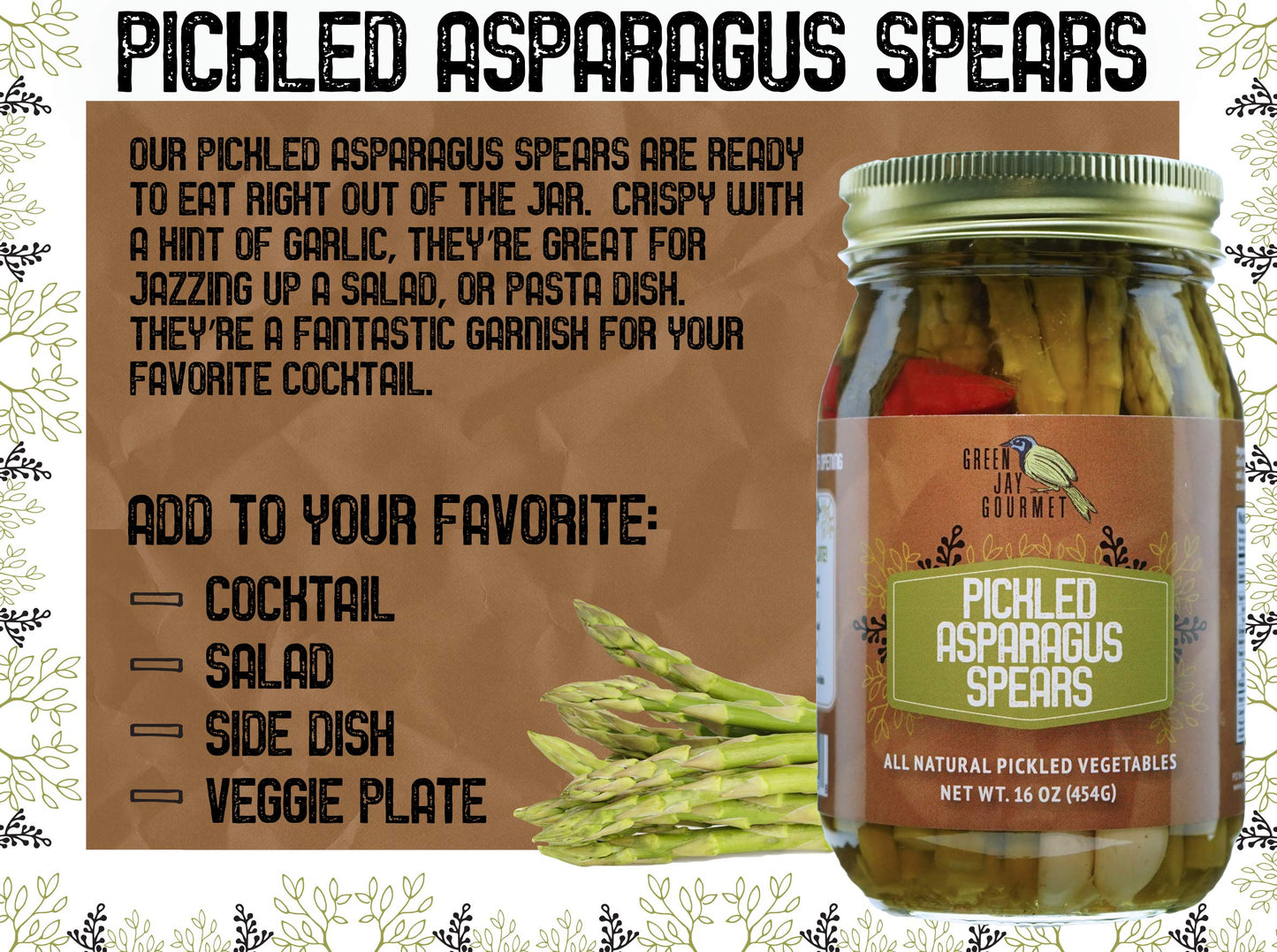 Green Jay Gourmet Pickled Asparagus Spears In A Jar - Fresh Hand Jarred Vegetables For Cooking & Pantry - Home Grown Pre-Prepare