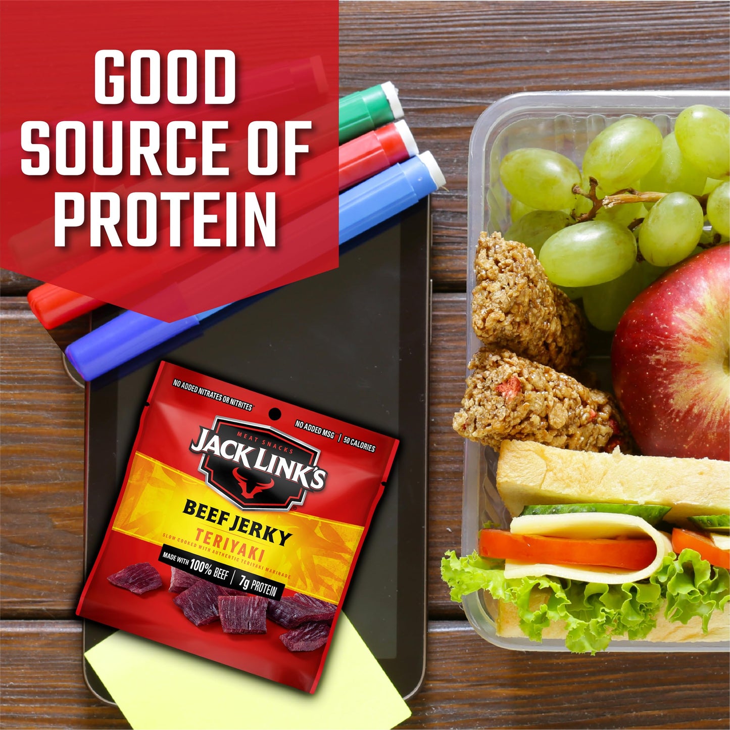 Jack Links Beef Jerky, Teriyaki Flavor, 0.625 oz (Pack of 48), 7g Protein, Ready to Eat Meat Snacks