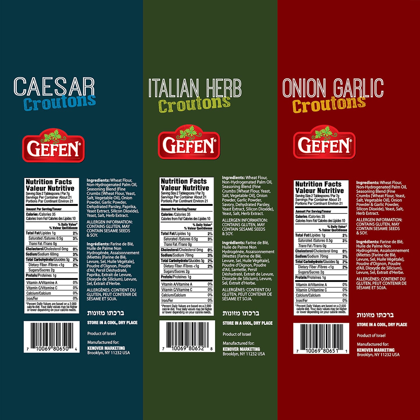 Gefen Seasoned Croutons Variety Pack - Zesty Caesar, Italian Herb, Onion Garlic - 5.2oz (3 Pack) - Dairy Free, Certified Kosher