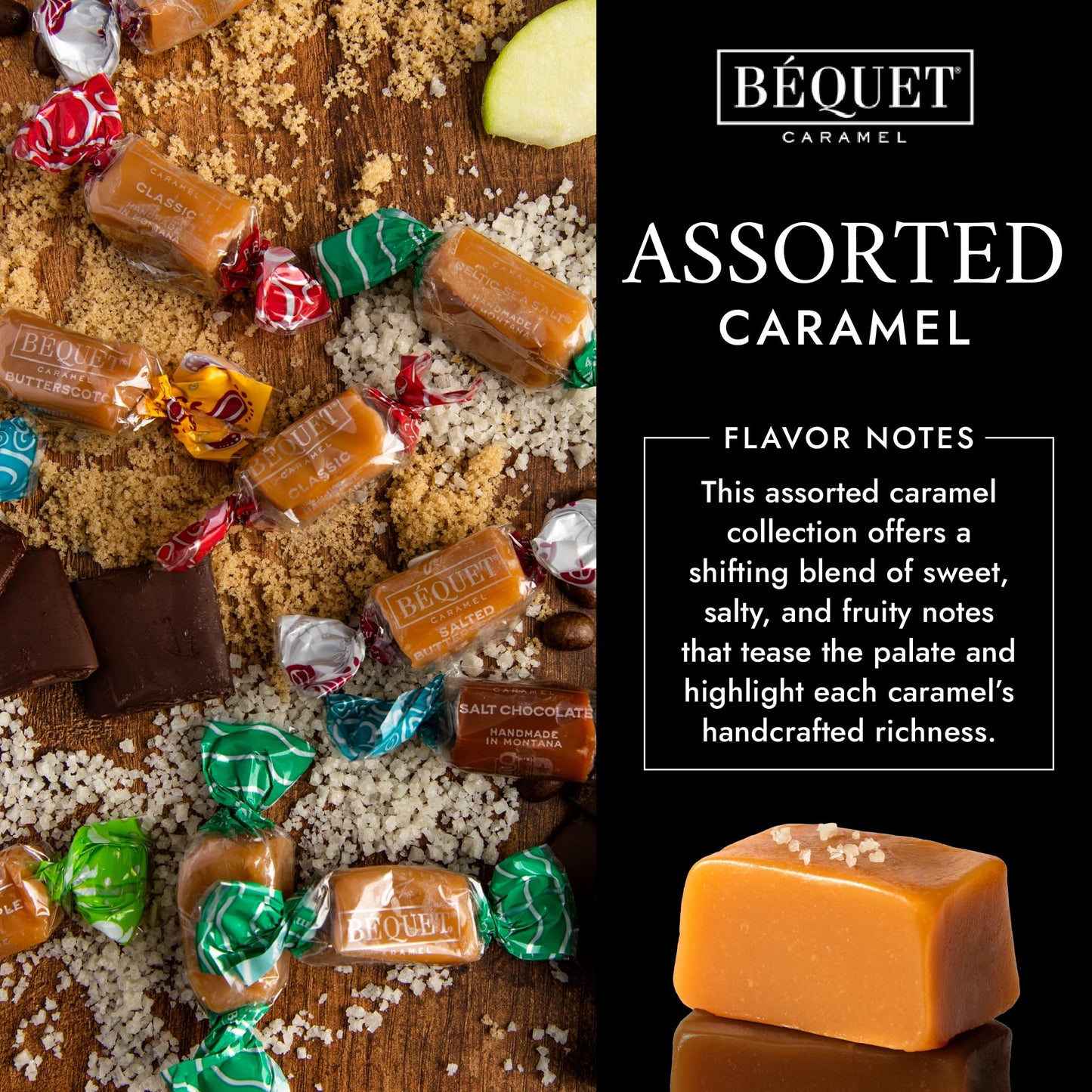 Béquet Assorted Caramels - Gourmet Individually Wrapped Candy Variety Pack - Celtic Sea Salt, Salt Chocolate, Classic Vanilla, Butterscotch, Green Apple, Salted Mocha & Salted Butterscotch - 8 Oz Gift Bag
