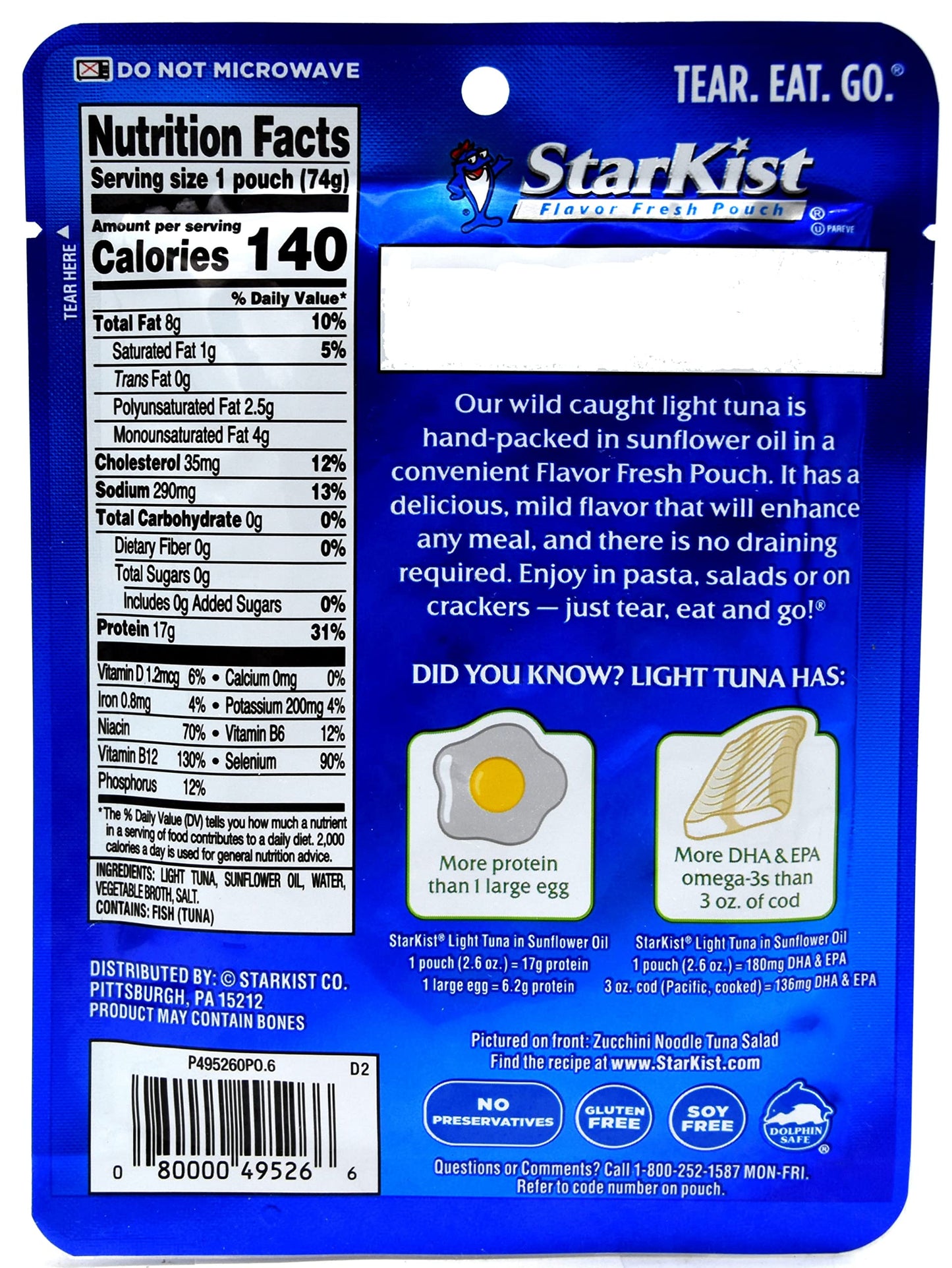 StarKist Chunk Light Tuna Pouch, Sunflower Oil, 2.6 Ounce, Pack of 12, White