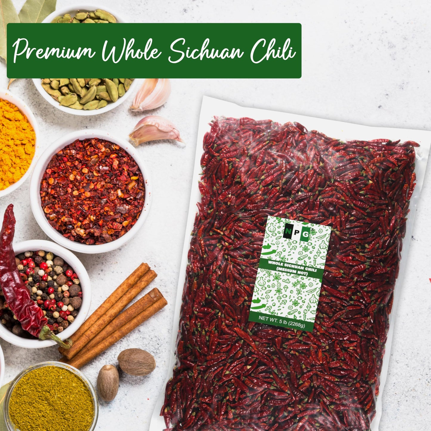 Npg Dried Sichuan Red Chili Peppers Whole 5 Pound, Medium Hot, Capsicum Annuum Used In Mexican, Chinese, Thai Dishes, Premium Sz