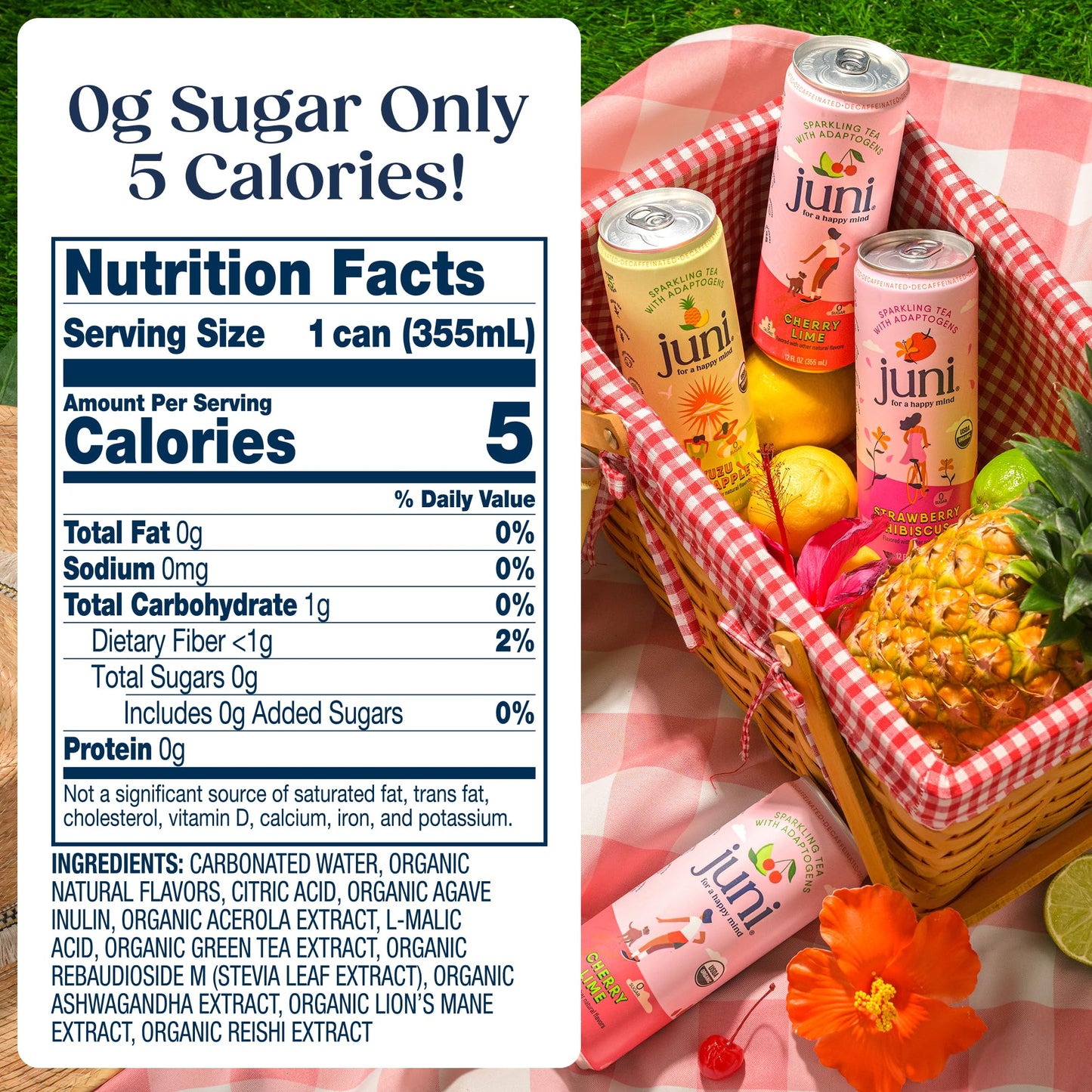 JUNI Sparkling Adaptogen Drink - Ashwagandha, Lion’s Mane, Reishi - Cherry Lime, 12 Fl Oz (Pack of 12), Zero Sugar, Decaffeinated