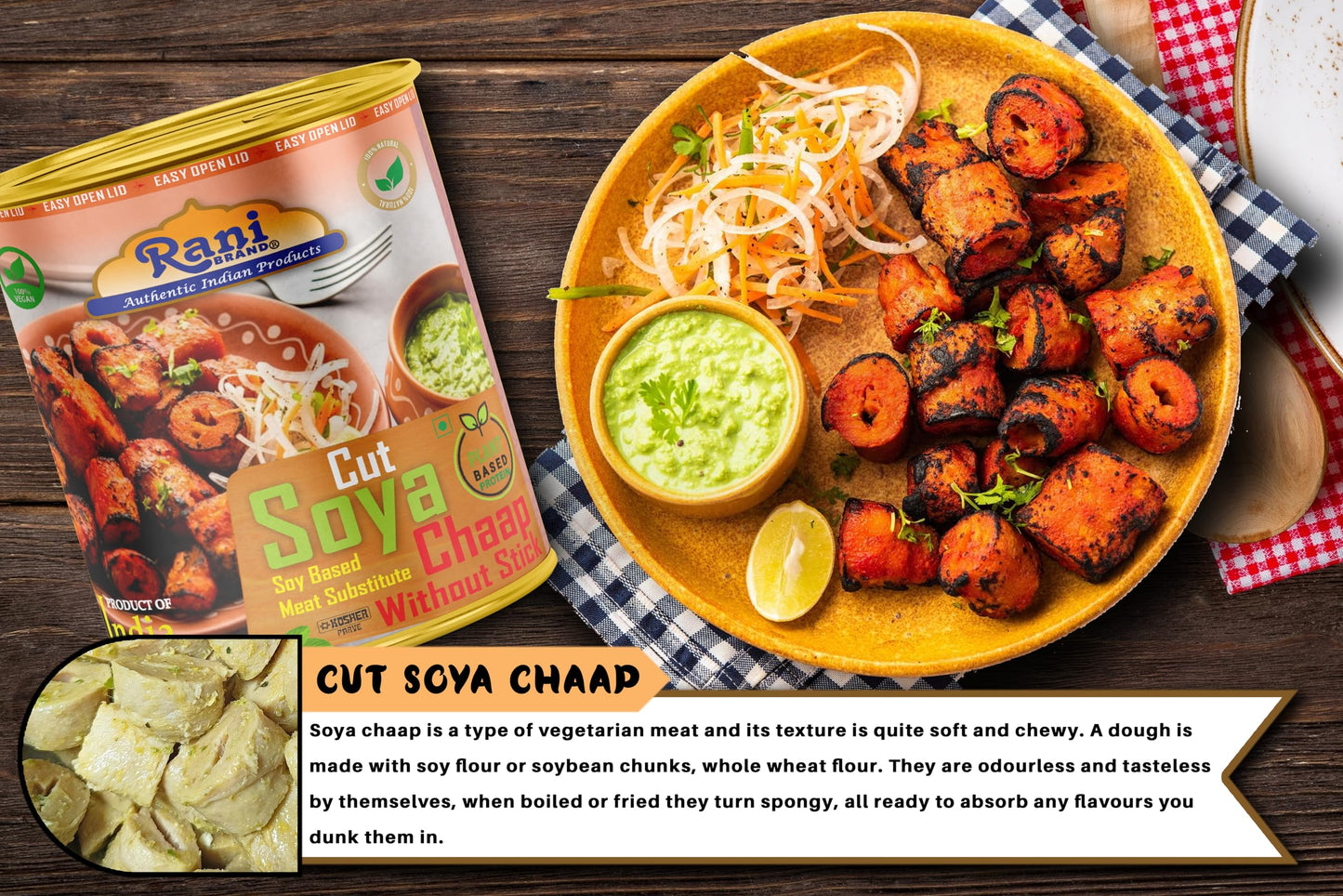 Rani Cut Soya Chaap Whitout Stick (Plant Based Protein) 30Oz (1.875Lbs) 850G, Pack Of 2 ~ Easy Open Lid | All Natural | Vegan |