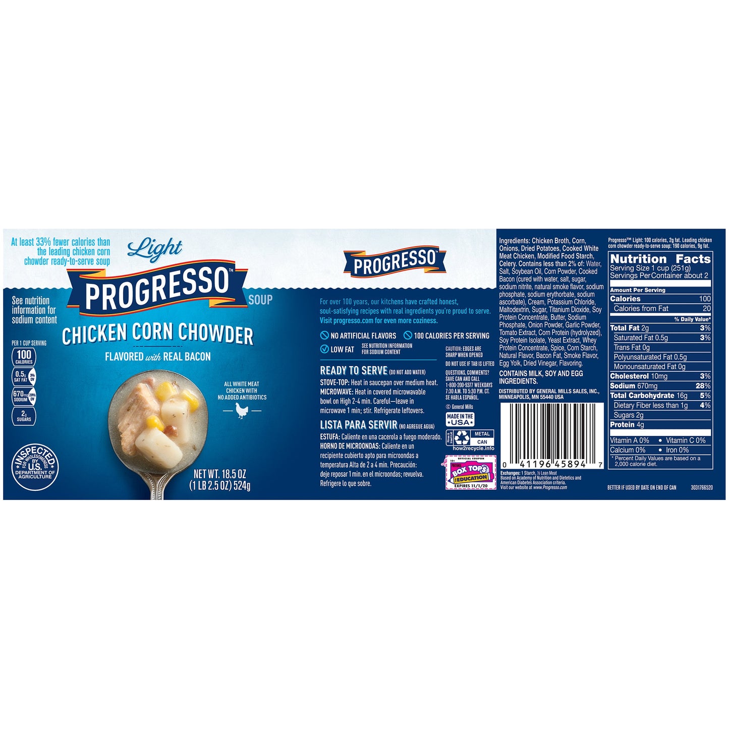 Progresso Light Soup, Chicken Corn Chowder With Bacon Soup, 18.5-Ounce Cans (Pack Of 12)