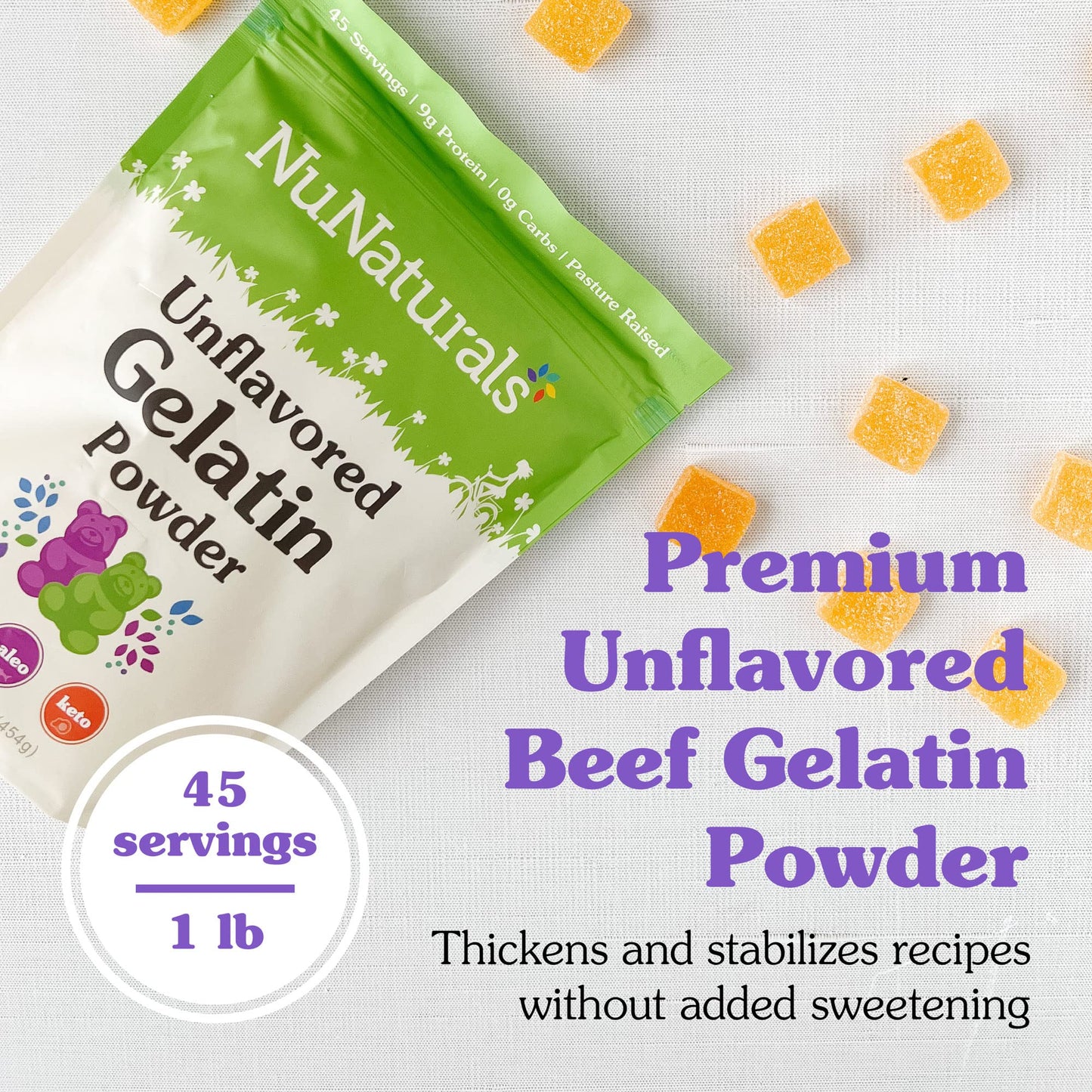 NuNaturals Unflavored Beef Gelatin Powder, Instantly Thickens, Stabilizes, and Texturizes, 1lb (2-Pack)