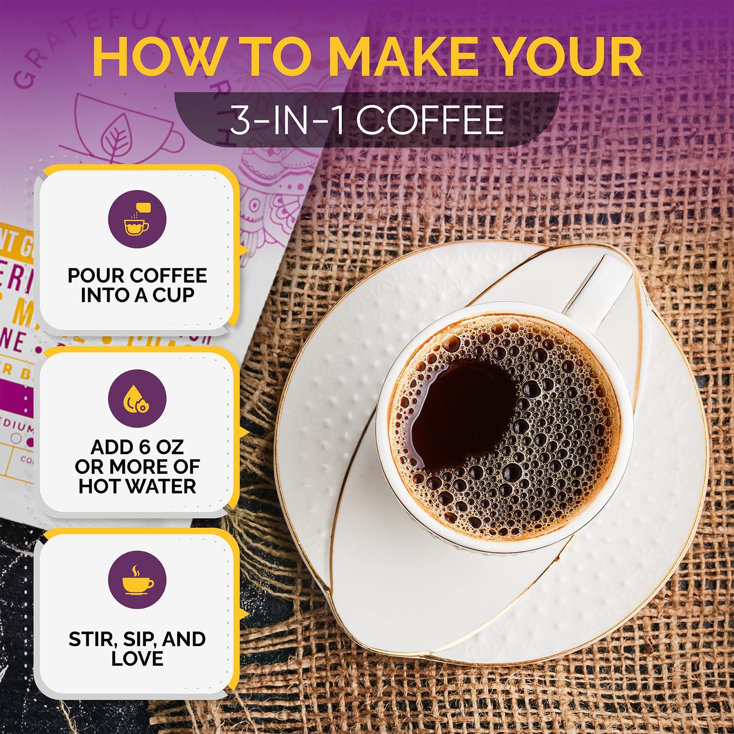 Grateful Earth Mushroom Coffee, Coconut Instant Coffee With Cinnamon, Turmeric, Lions Mane Mushrooms, L-Theanine, Chaga, Super B