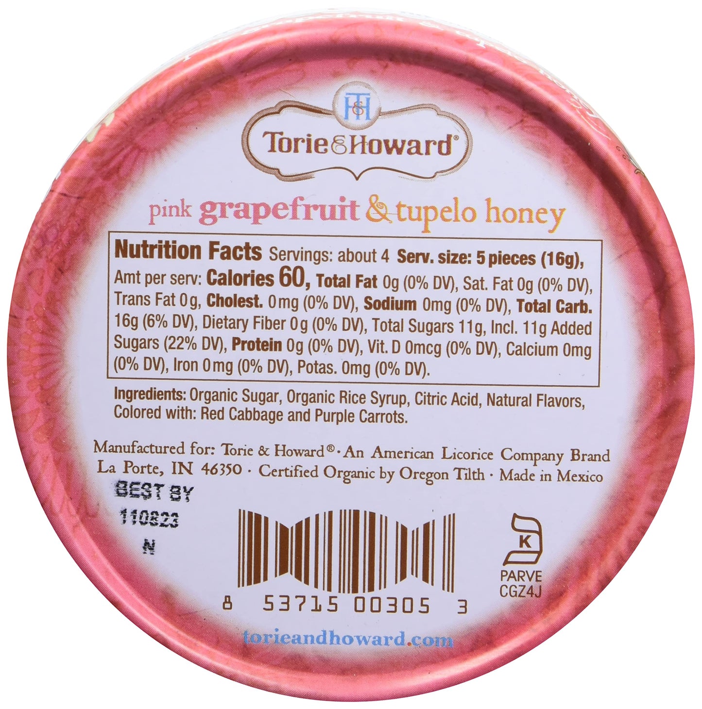 Torie And Howard Organic Hard Candy Tin, Pink Grapefruit And Tupelo Honey, 2 Ounce