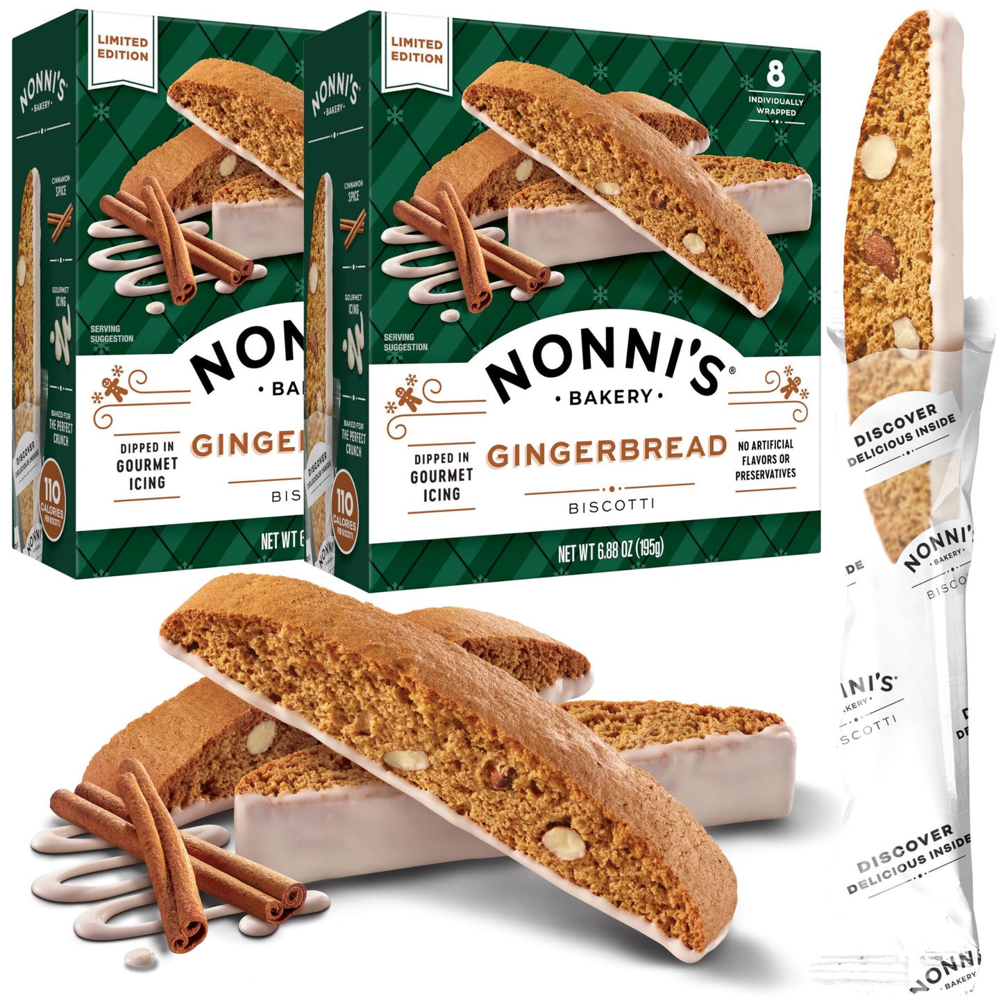 Nonnis Gingerbread Biscotti Holiday Cookies - 2 Boxes Gingerbread Cookies - Gingerbread Christmas Cookies w/Almonds & White Ici