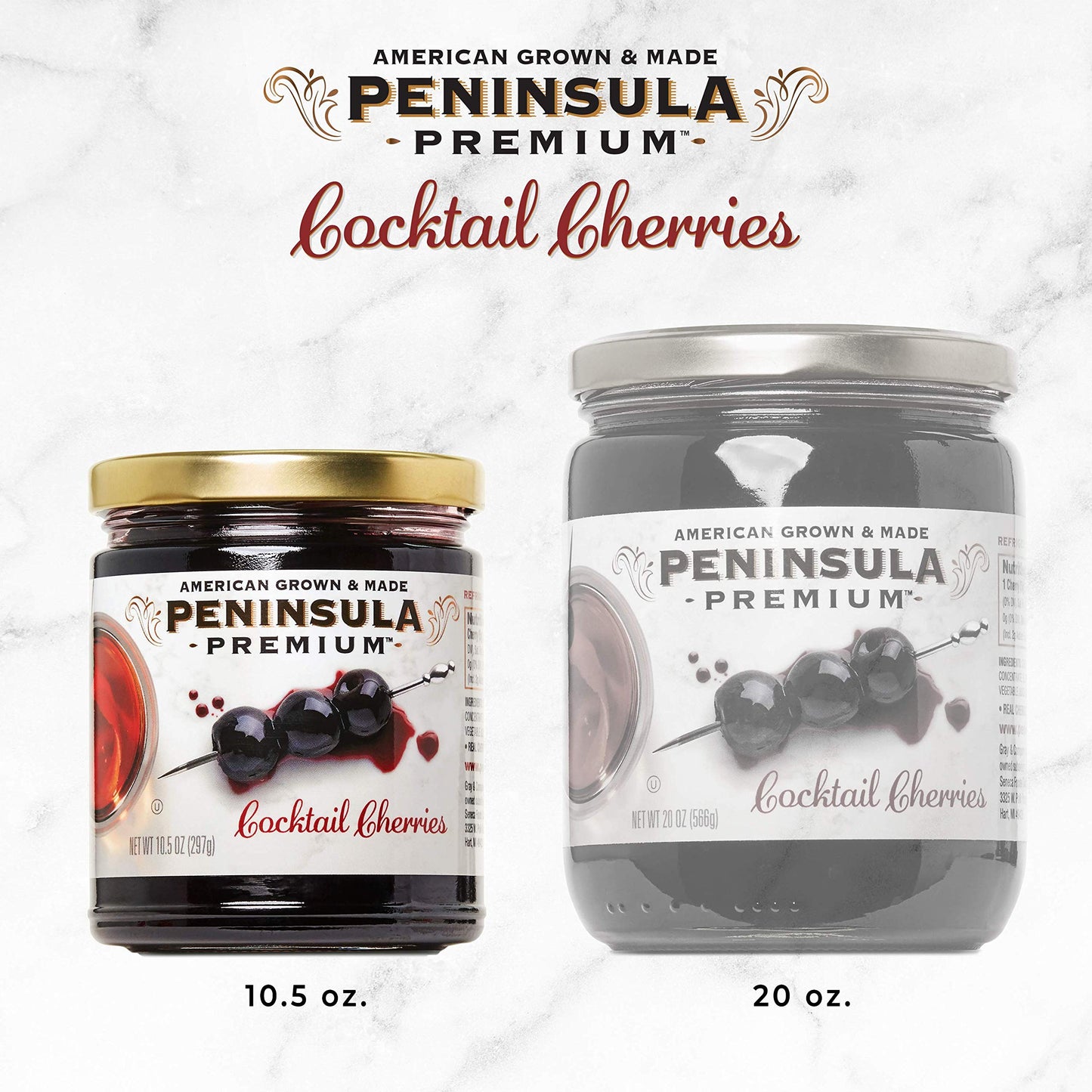 PENINSULA PREMIUM Cocktail Cherries, 10.5 oz (3-Pack), Deep Bur dy-Red, Silky Smooth Syrup, Sweet-Tart Flavor, American Grown