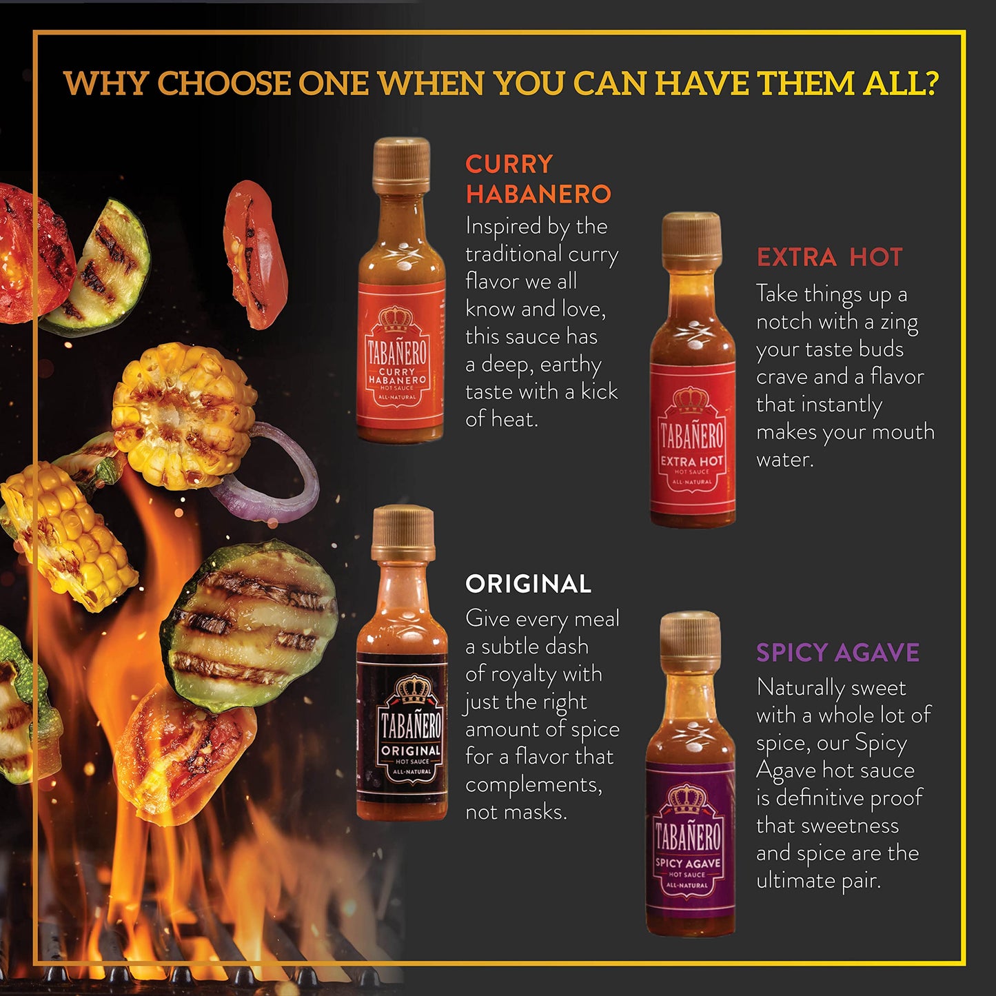 Taba?ro Mini Hot Sauce Gift Set, 4 Pack, Kit Includes Original, Extra Hot, Spicy Agave, Curry Habanero, 1.7 oz Mini Glass Bottle