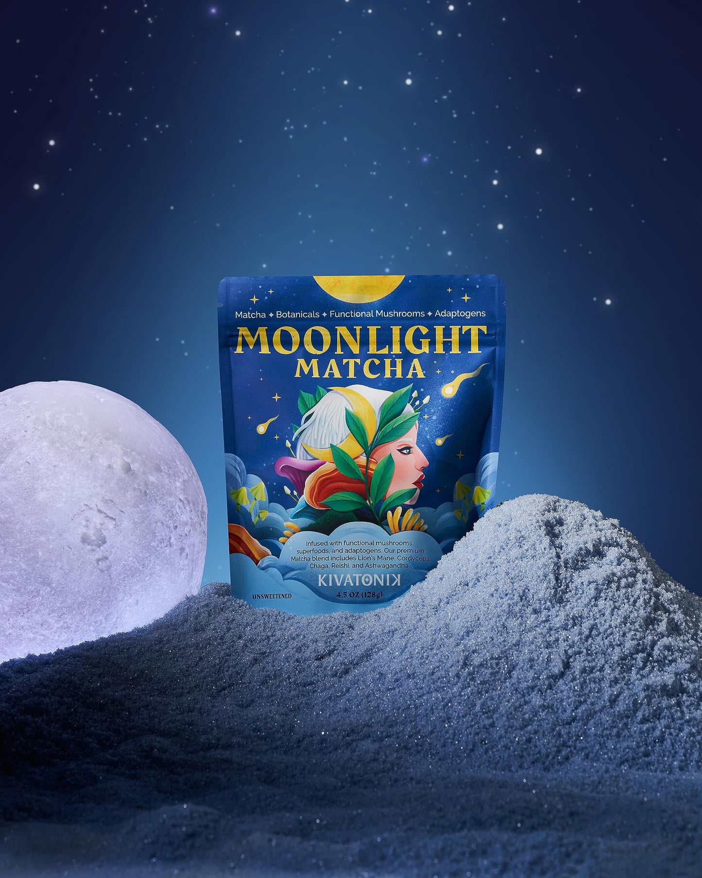KIVATONIK Moonlight Matcha - Ceremonial Matcha with Organic Functional Mushrooms and Adaptogens - Lions Mane, Cordyceps, Chaga,