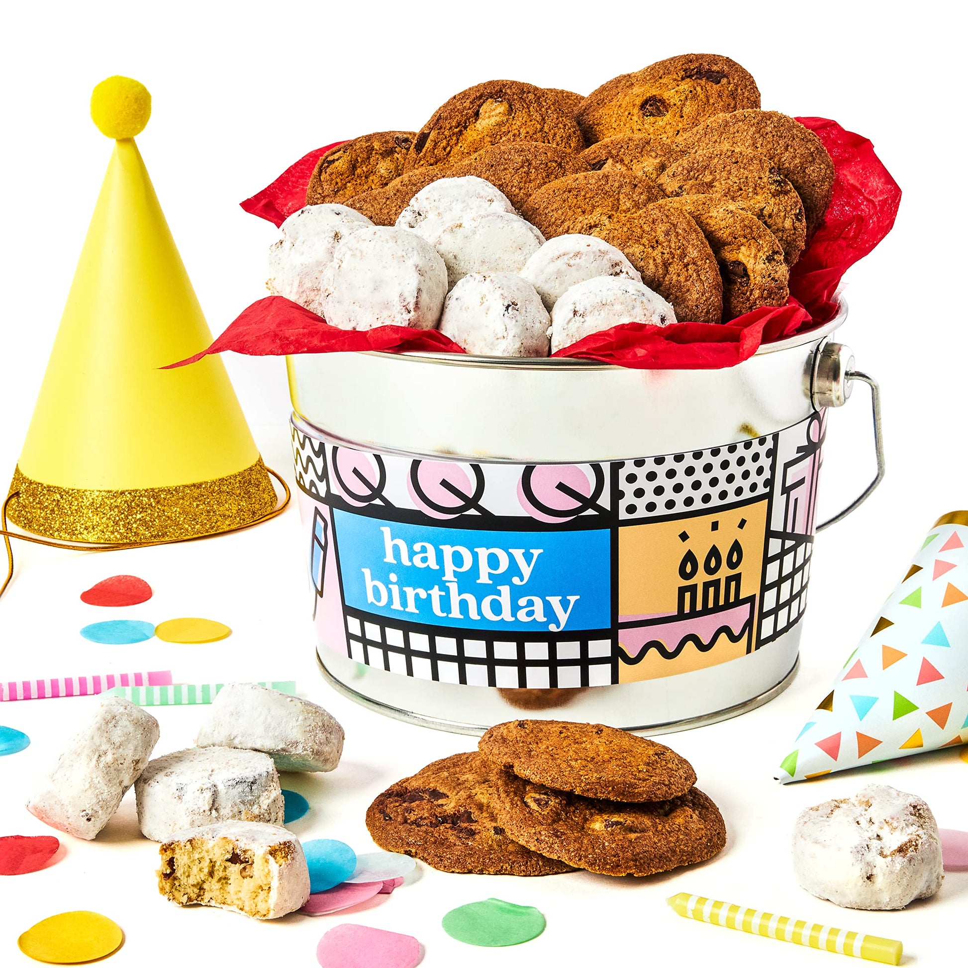 Davids Cookies Happy Birthday Cookies Bucket with Thin Crispy Cookies and Butter Pecan Meltaways Treats - Gourmet Cookies Gift B