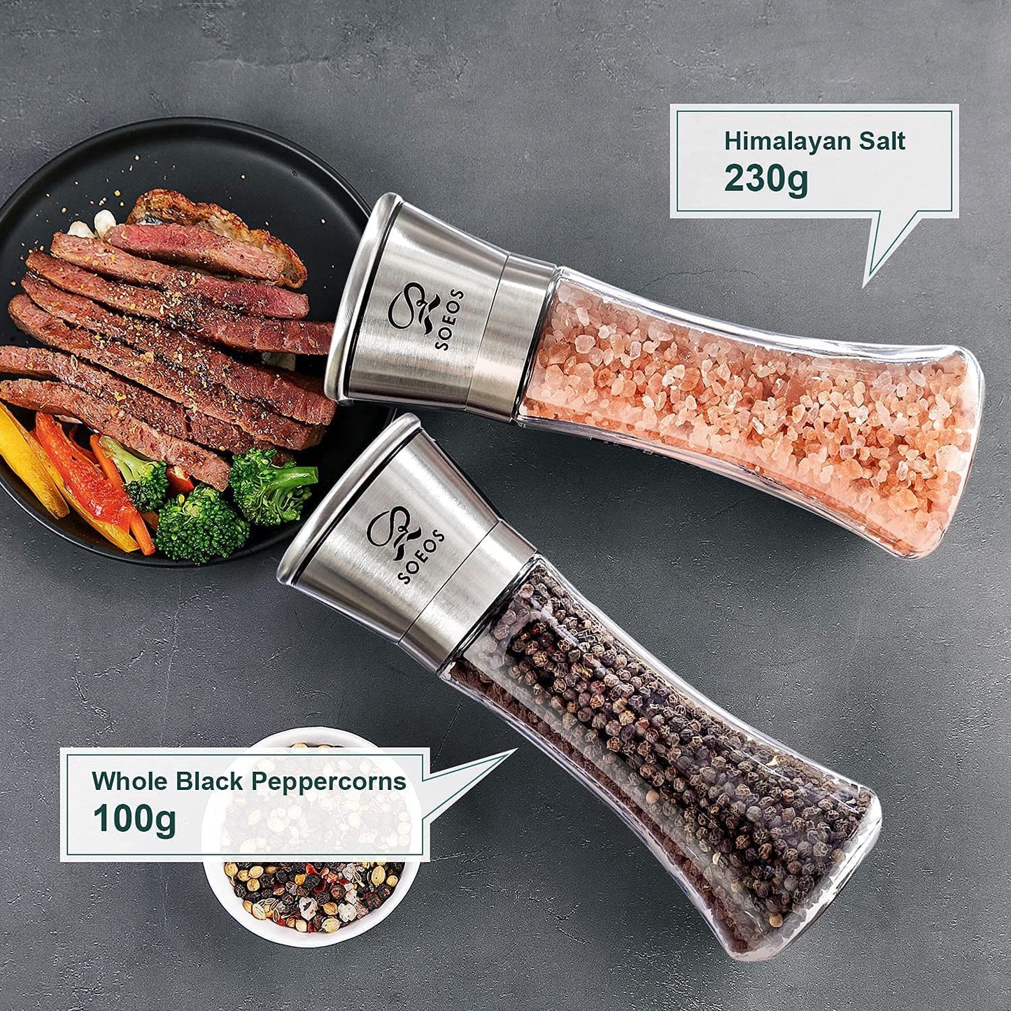 Soeos Salt and Pepper Grinder Set, Organic Whole Black Peppercorns, 3.5oz (100g), Himalayan Pink Salt, 8oz (230g). USDA Organic