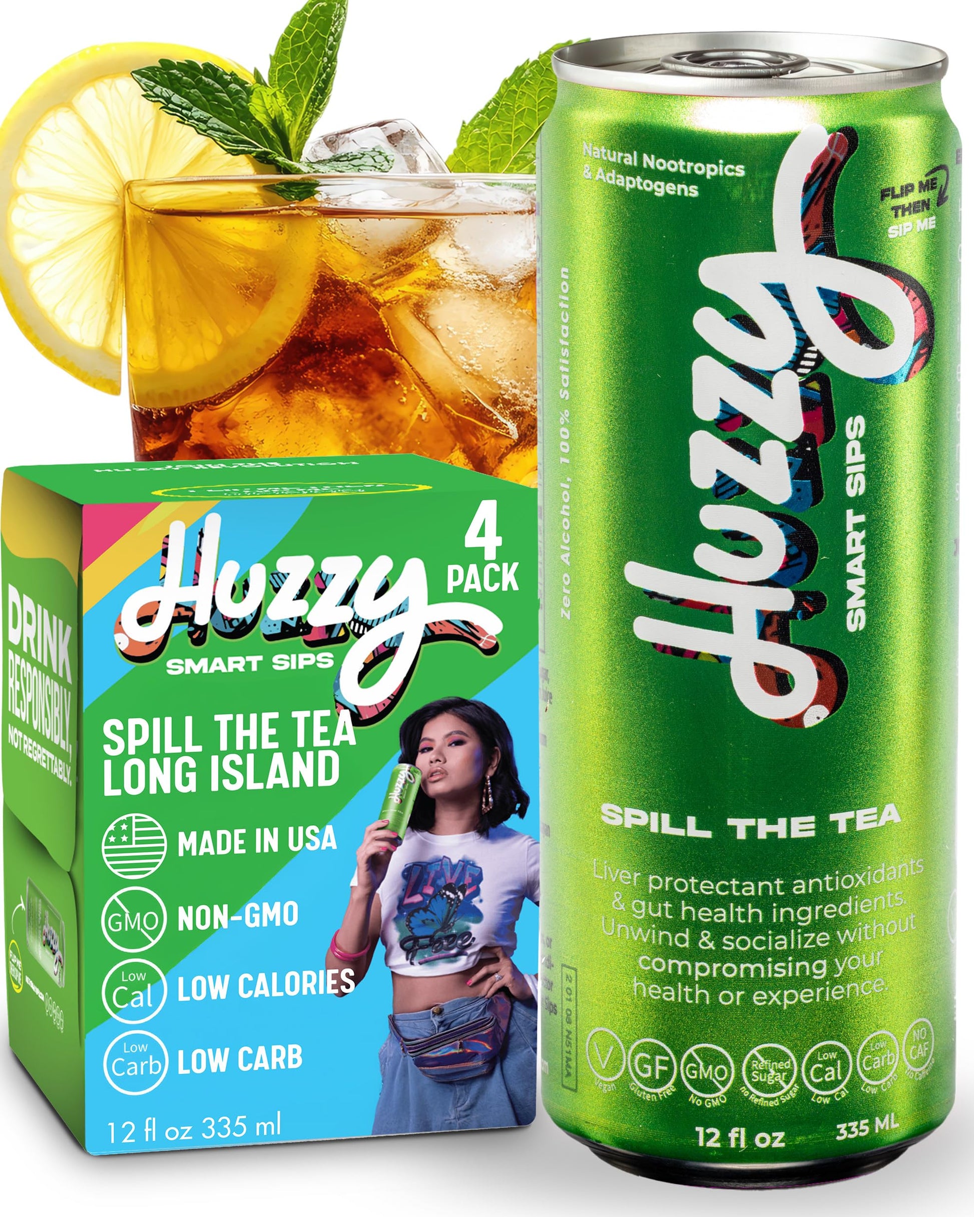 Huzzy Smart Sips Non-Alcoholic Long Island Inspired Functional Cocktails - Low Calorie, Low Carb - 4 Pack