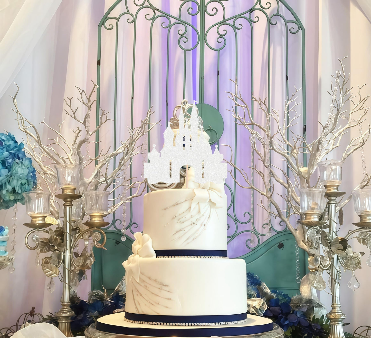 EONNCNT Castle Cake Topper - Silver Glitter Cardboard, 6.3 x 8.7 inches, Birthday Party Supplies, Baby Shower Decor