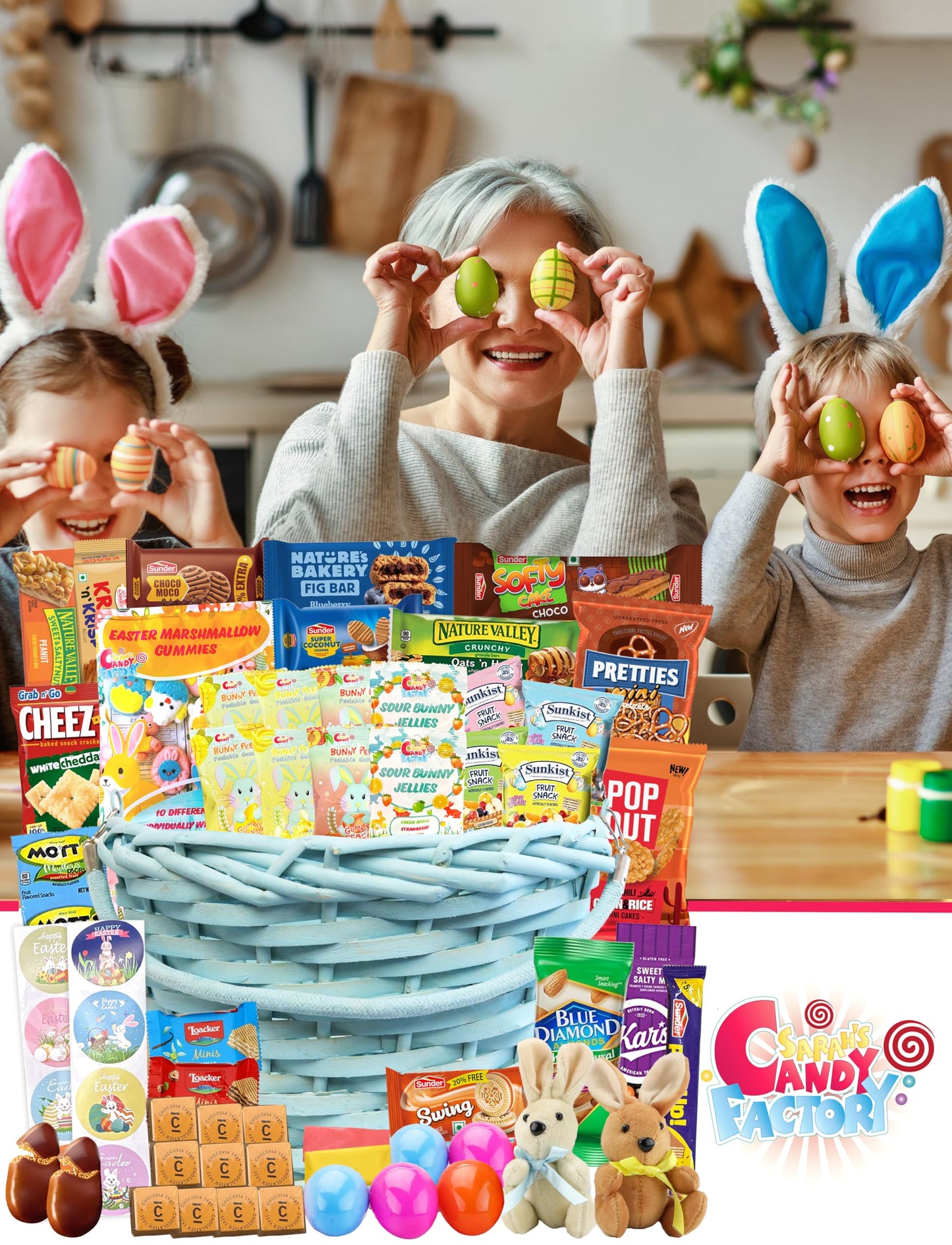 Easter Blue Round Willow Basket (70 Ct) Filled With Treats, Snacks, Candy, Peelable Gummies, Marshmallow Gummies, Bunny And More