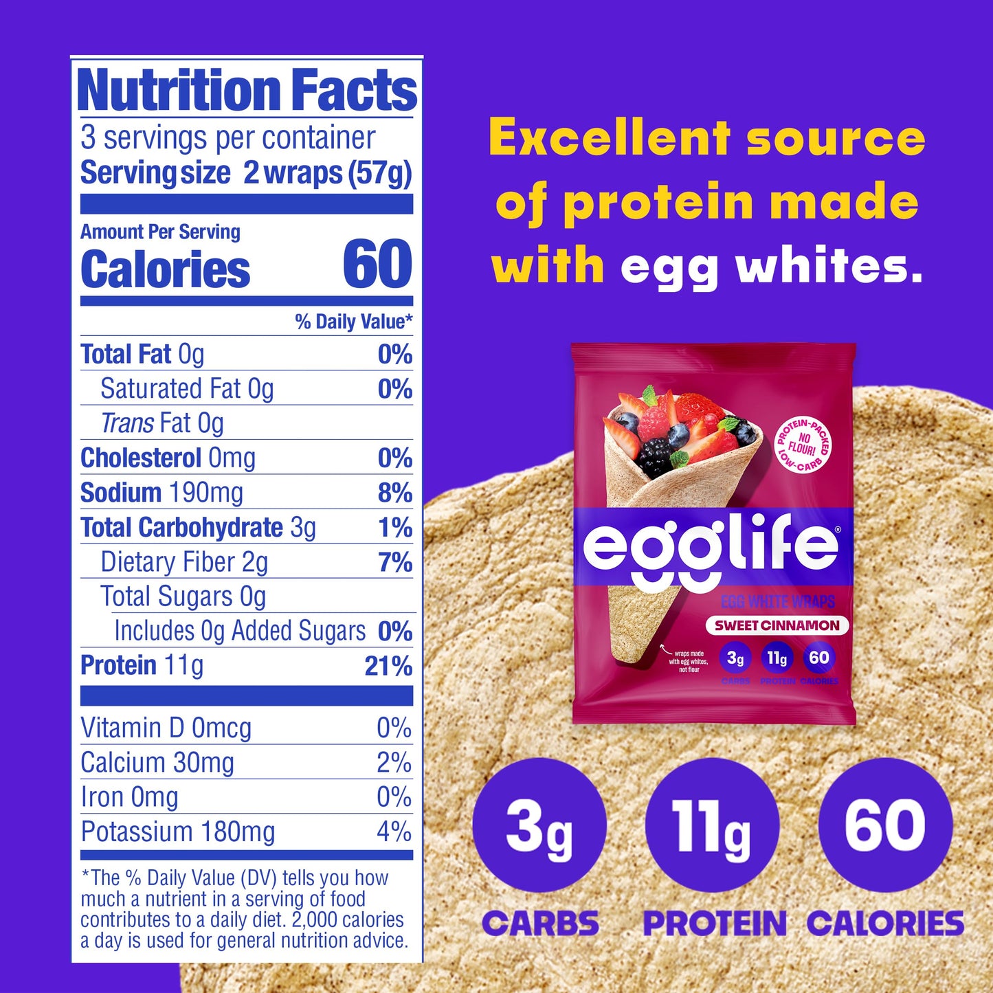 Egglife Sweet Cinnamon Egg White Wrap - (6 Count) - Refrigerated, Flourless, Gluten Free Wraps - Low Carb Tortilla Alternative