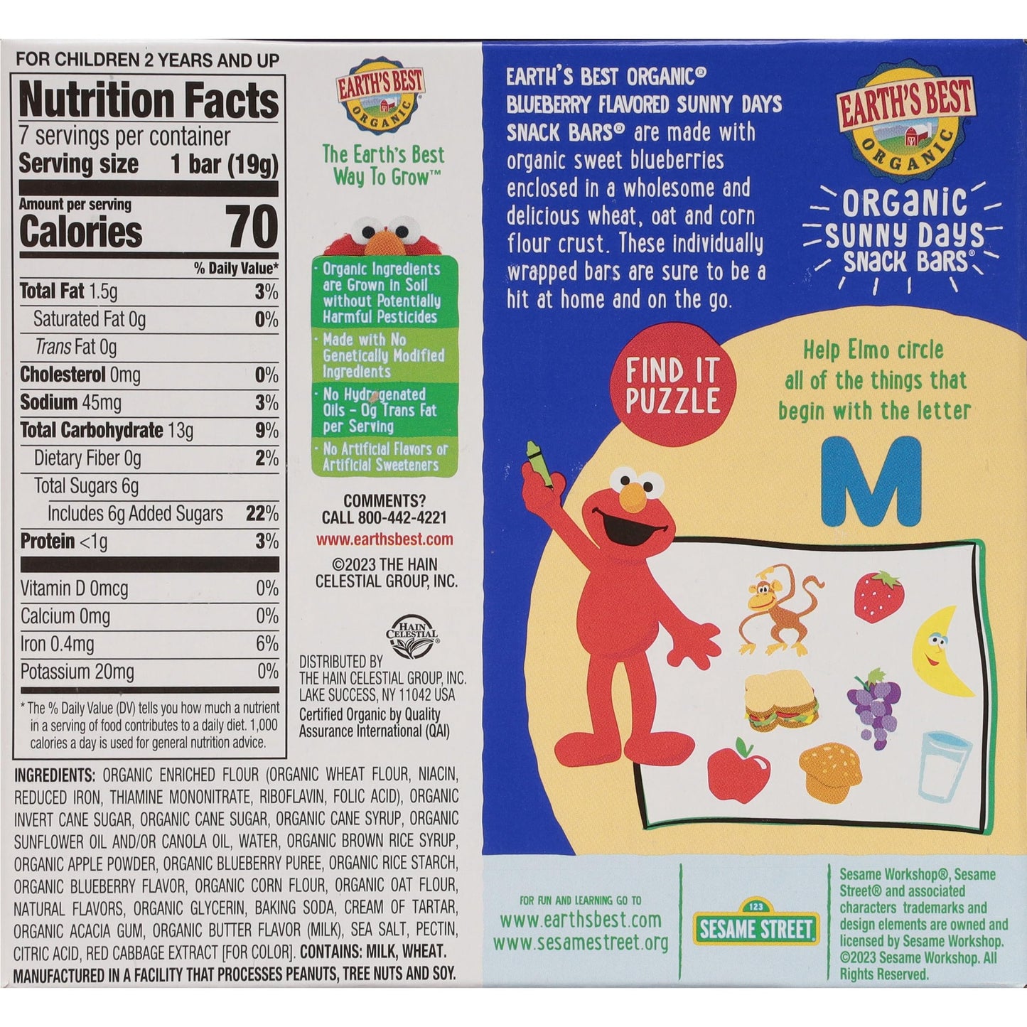 Earths Best Organic Kids Snacks, Sesame Street Toddler Snacks, Organic Sunny Days Snack Bars for Toddlers 2 Years and Older, Bl