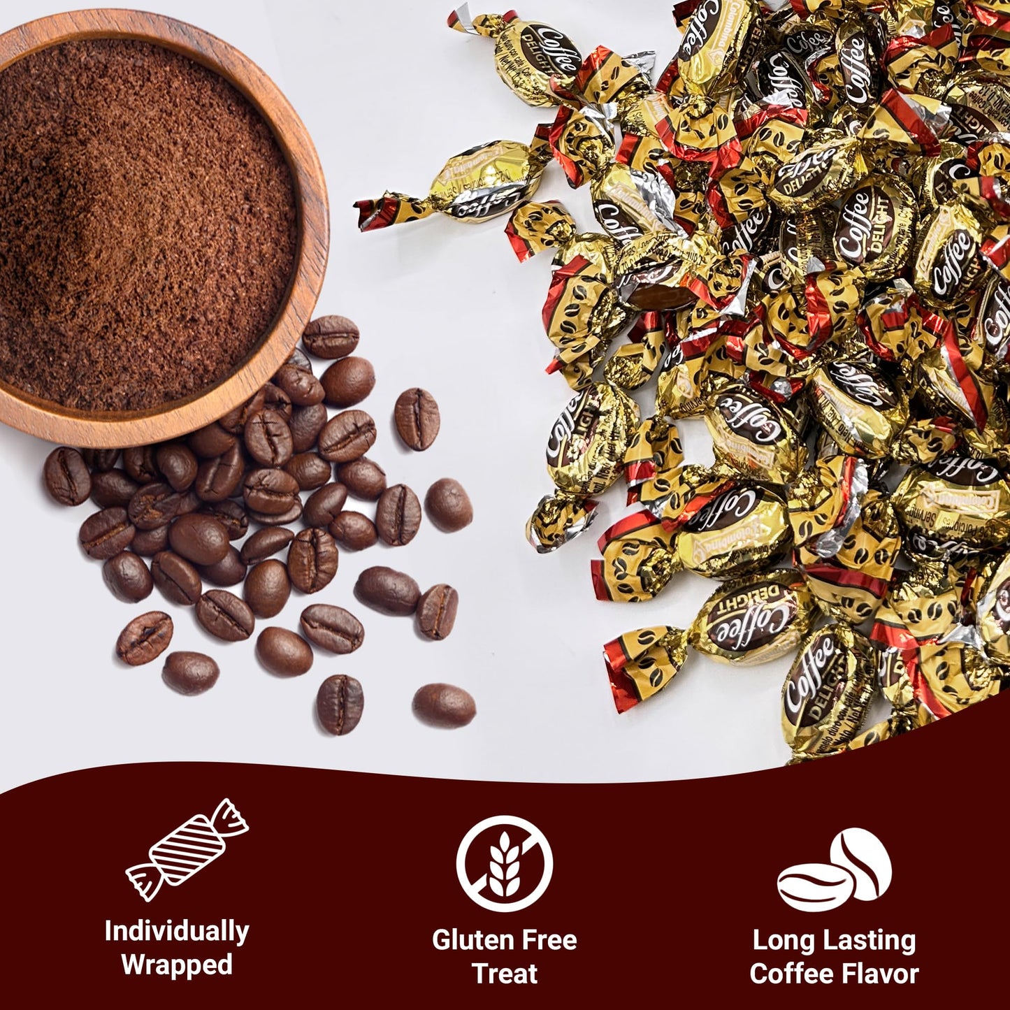 Fusion Sweets Coffee Candy - Individually Wrapped Hard Candy - Gluten Free - 1 Pound Bulk Bag - Brown