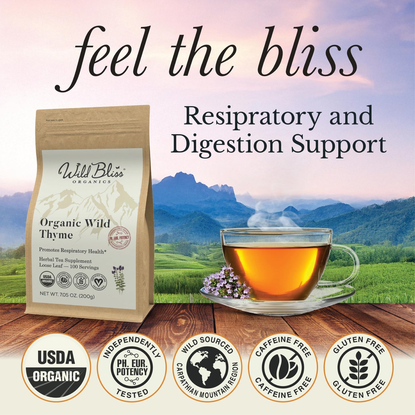 Wild Bliss Organic Wild Breckland Thyme Tea - Loose Leaf Herbal Tea - Caffeine Free - 100 Servings - 7.05 Oz