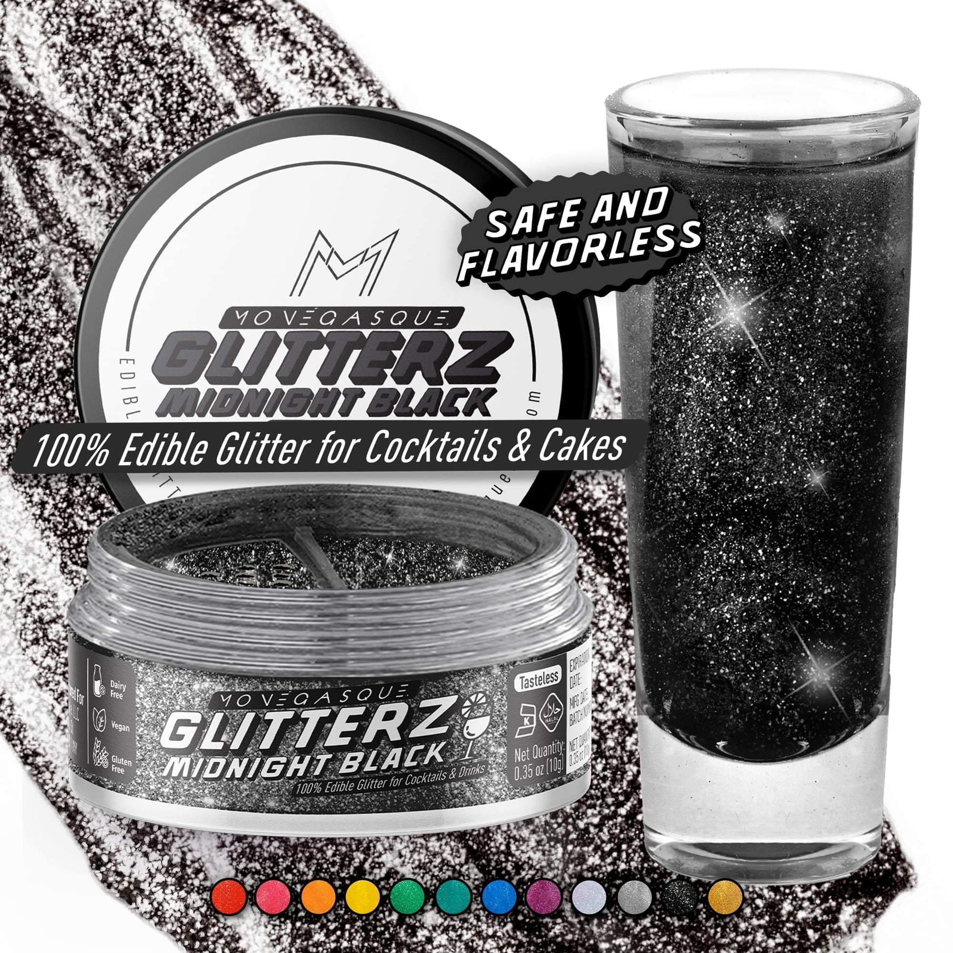 MONÉGASQUE Black Edible Glitter for Cakes & Cocktails, 10g, Midnight Black