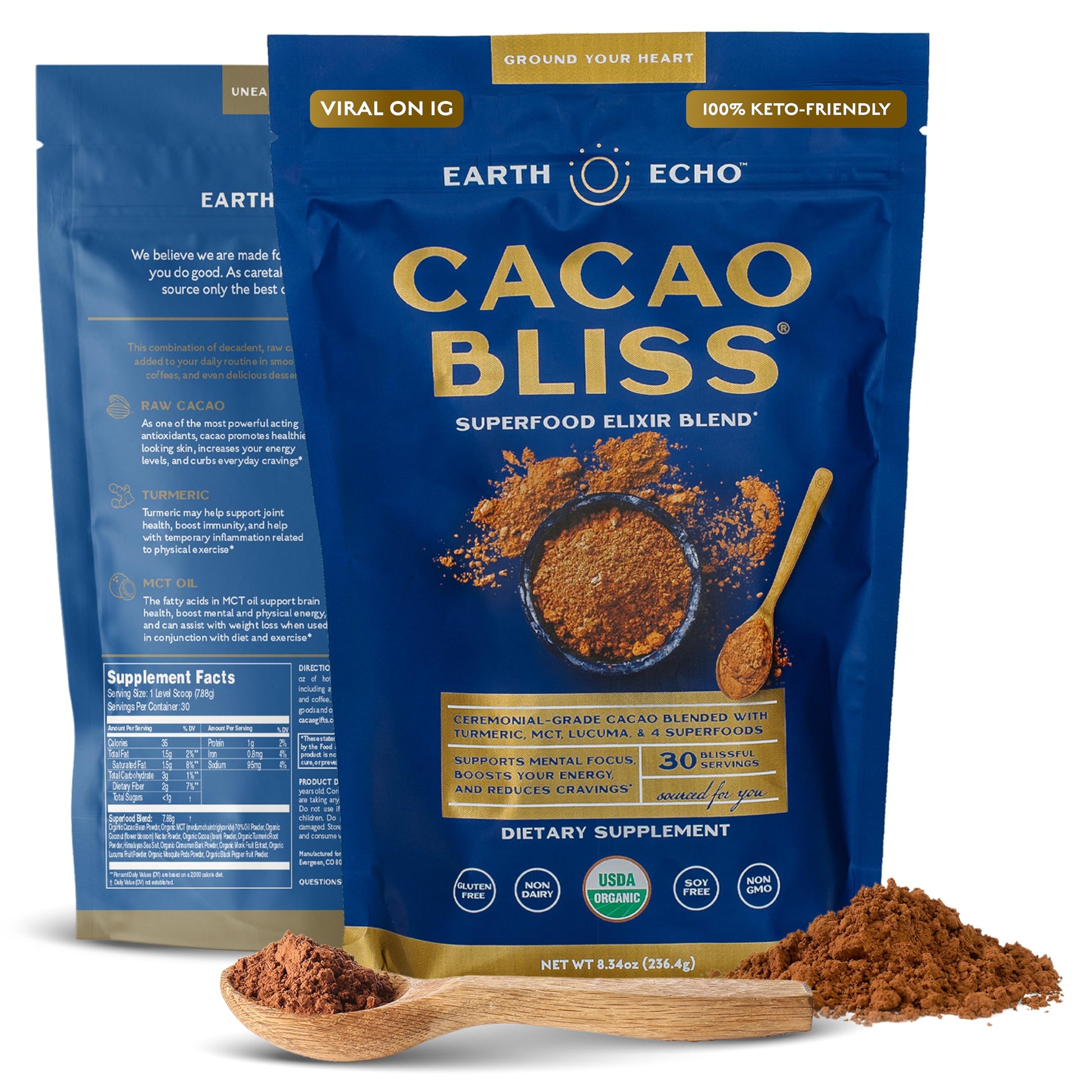 Earth Echo Cacao Bliss Organic Superfood Powder with MCT Oil and Turmeric for Natural Energy, Reduced Cravings, and Boosted Ment