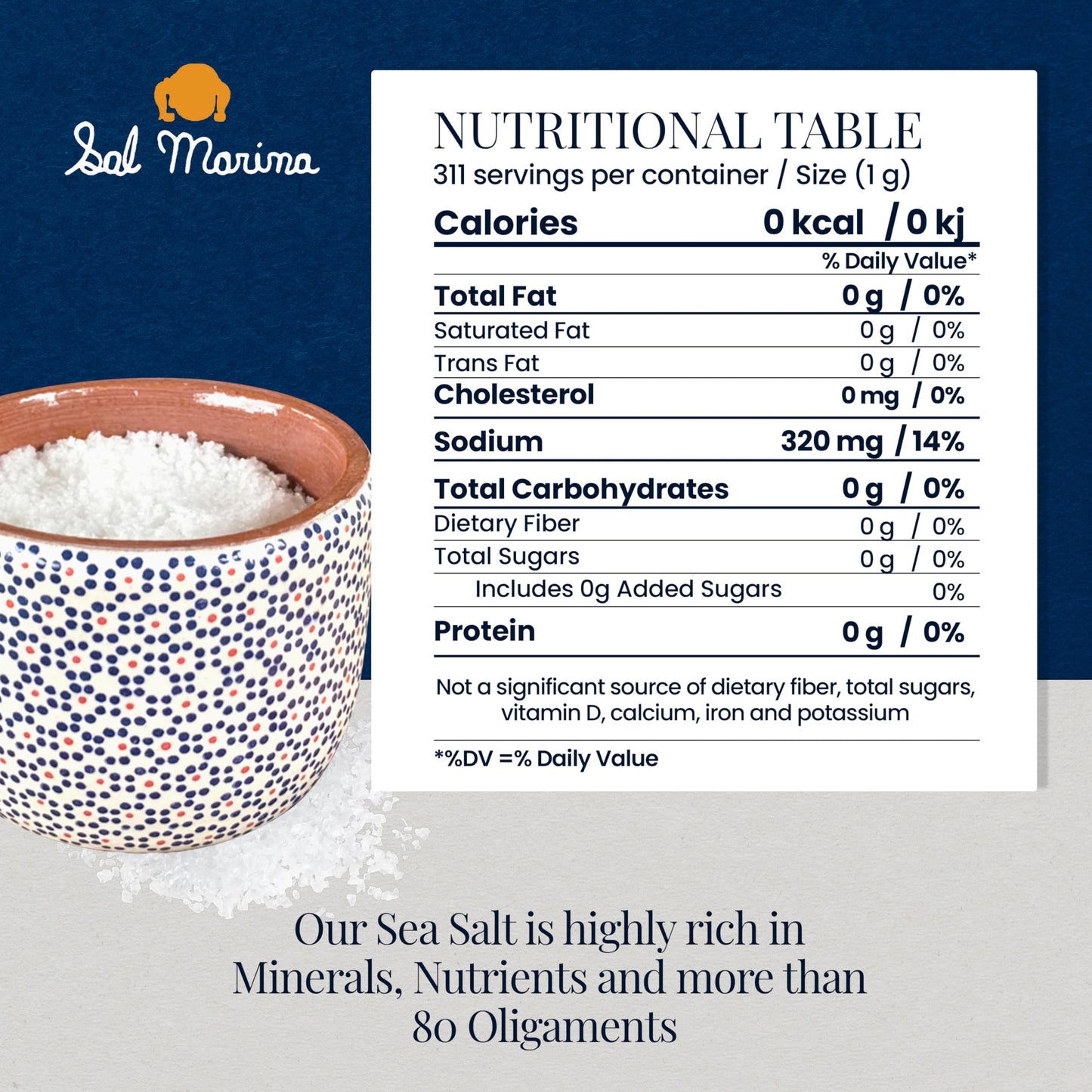 SAL MARINA Sea Salt Flower - Unrefined Kosher Salt, 11oz Container, 100% Natural, Vegan, Gluten Free, Organic Seasoning
