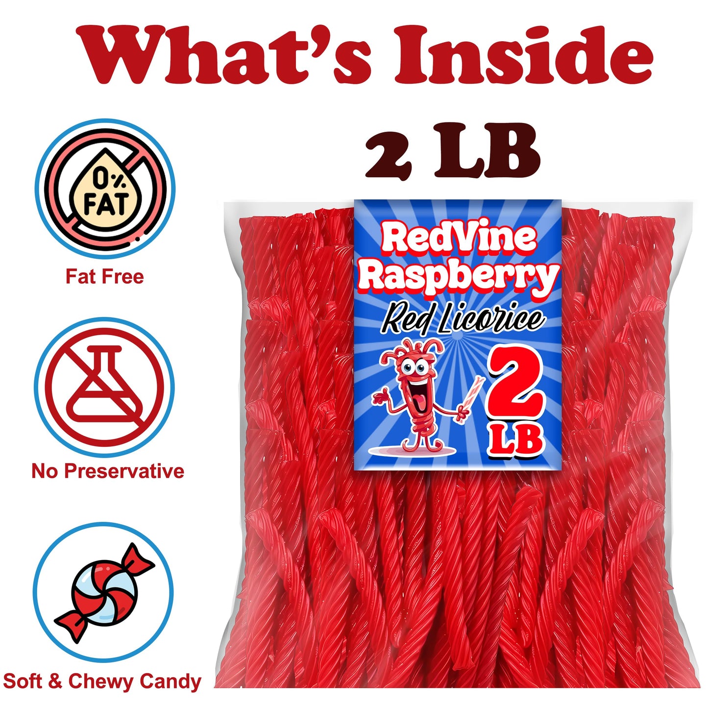 ZompoZ Red Licorice Twists, Soft and Chewy Candy, 2 Lbs, Fat Free, Raspberry Flavor