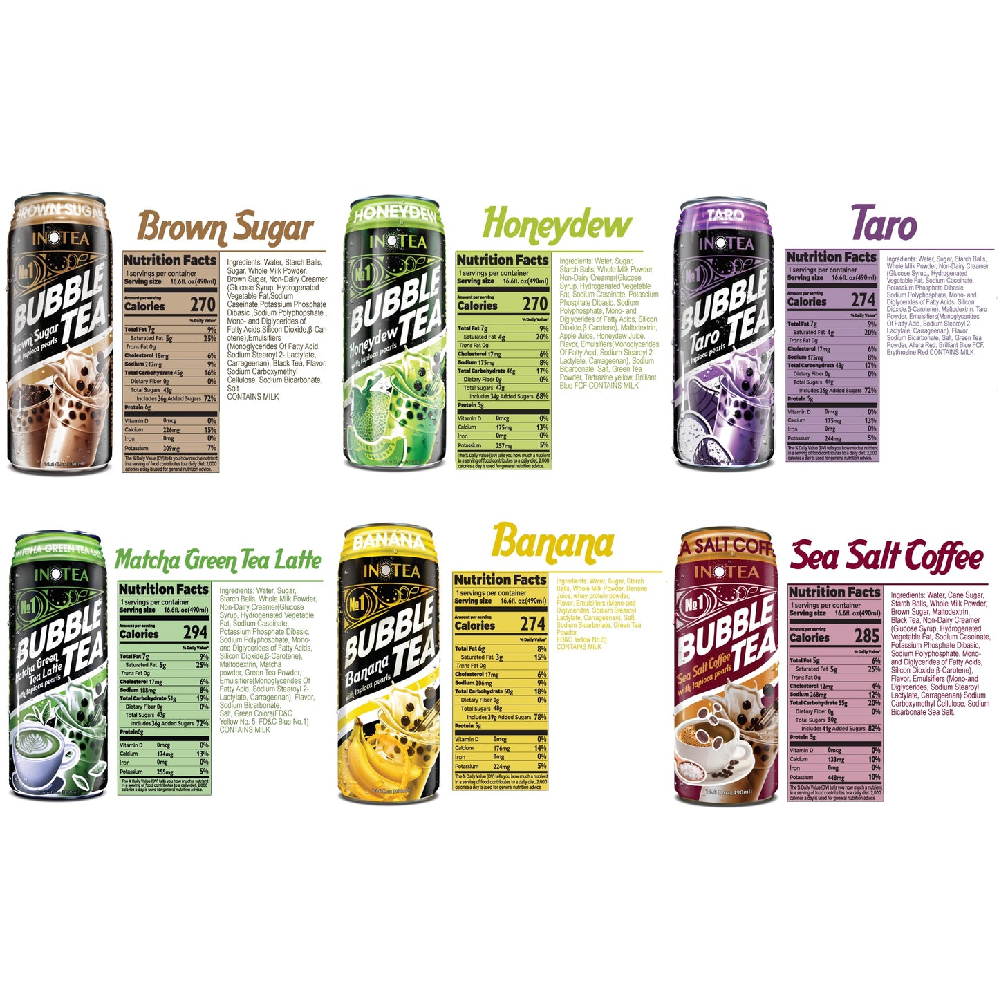 (Pack Of 12) Inotea Bubble Tea | Choose One Flavor: Brown Sugar, Taro, Honeydew, Banana, Matcha Latte, Sea Salt Coffee, And Asso