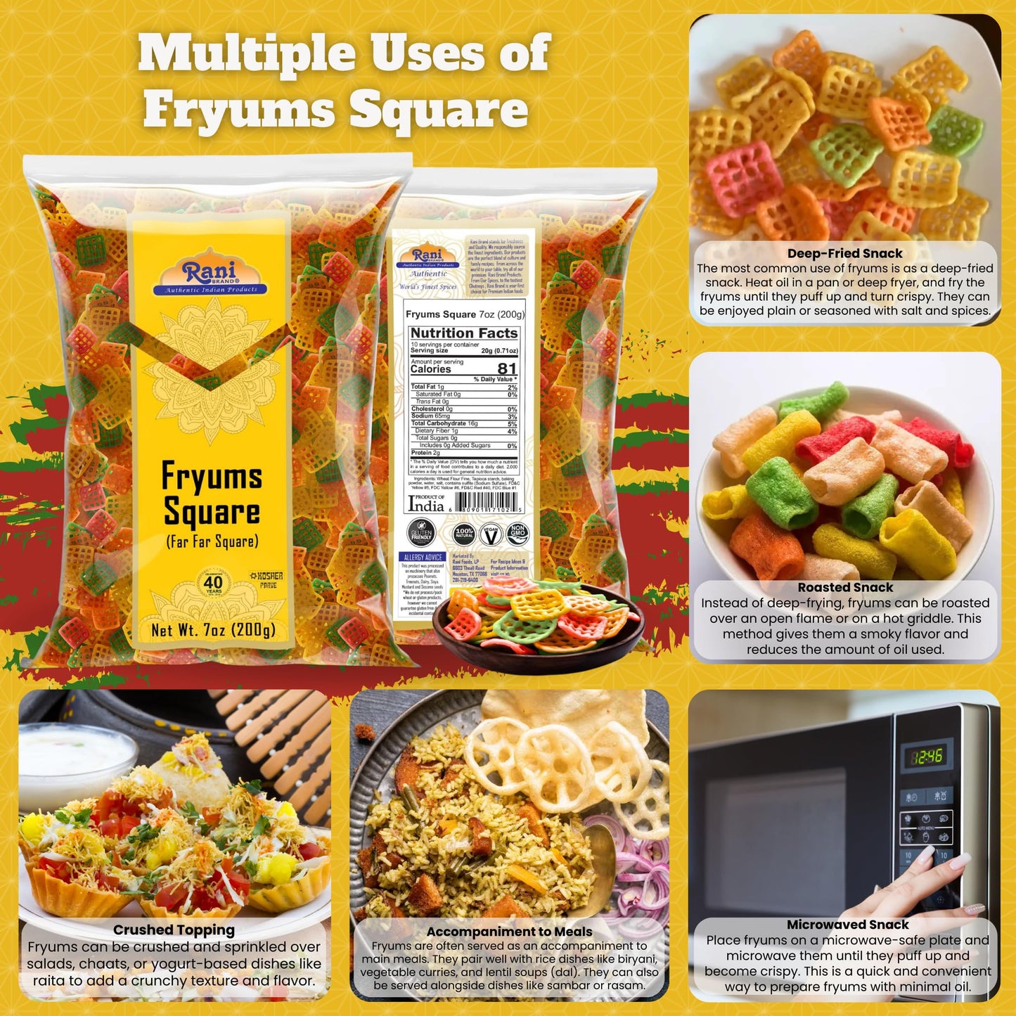 Rani Far Far Fryums - Vegan Wheat & Tapioca Snack, Square Shape, 7oz (200g)