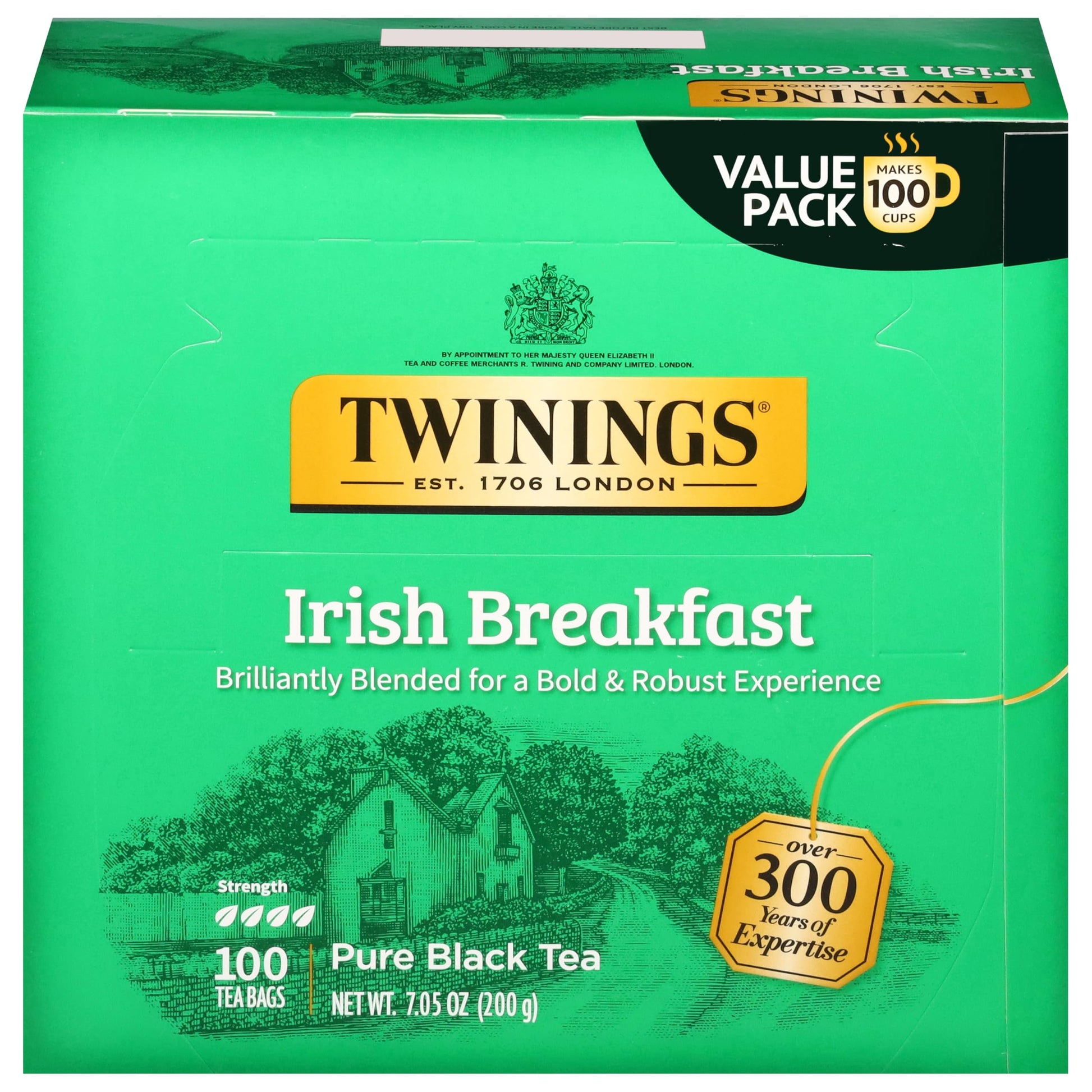 Twinings Irish Breakfast Black Tea Individually Wrapped Bags, 100 Count (Pack of 1), Flavourful, Bold, and Robust, Caffeinated, 