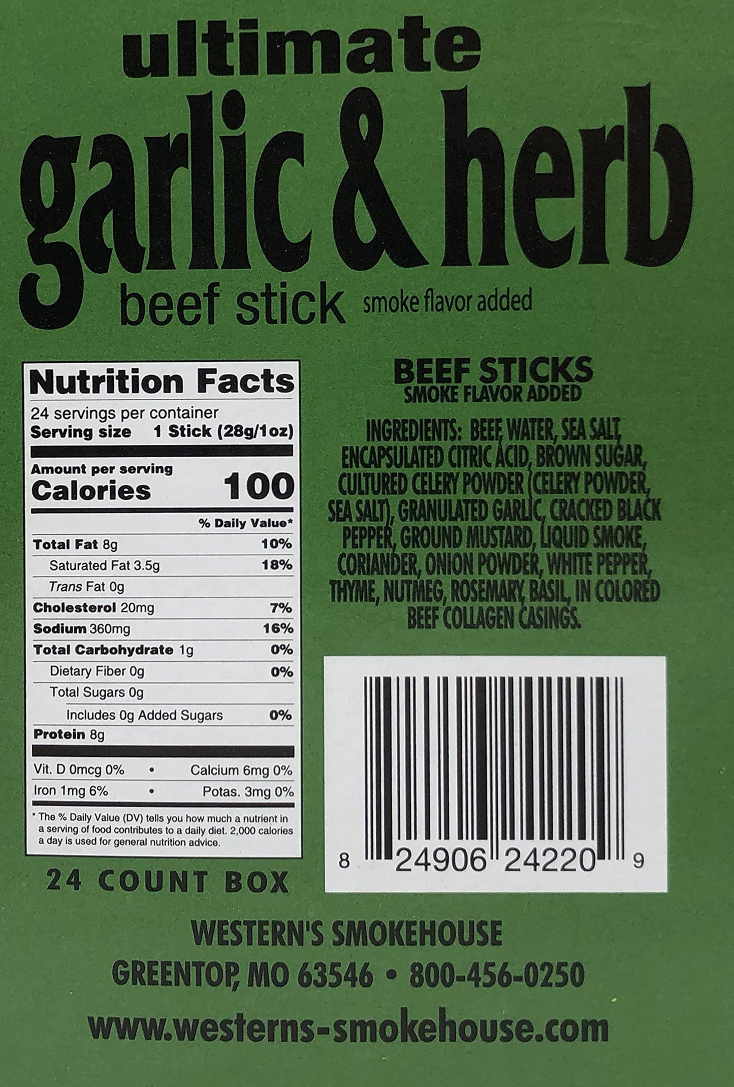 Westerns Smokehouse Garlic & Herb Jerky Meat Sticks, Gluten-Free, 1 Ounce (Pack of 24), 100 Calories, 8g Protein