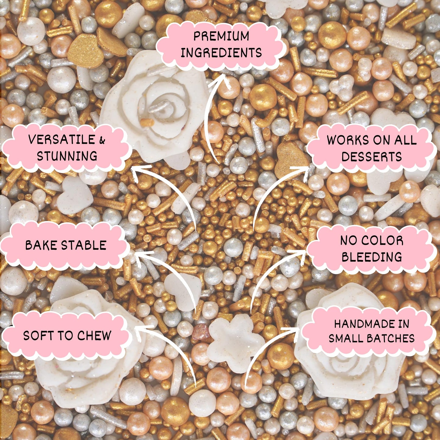 Confect Edible Cake Decorations - White Rose Flowers with Gold & Silver Sprinkles Mix, Vegan, Gluten-Free, 4.2 Oz