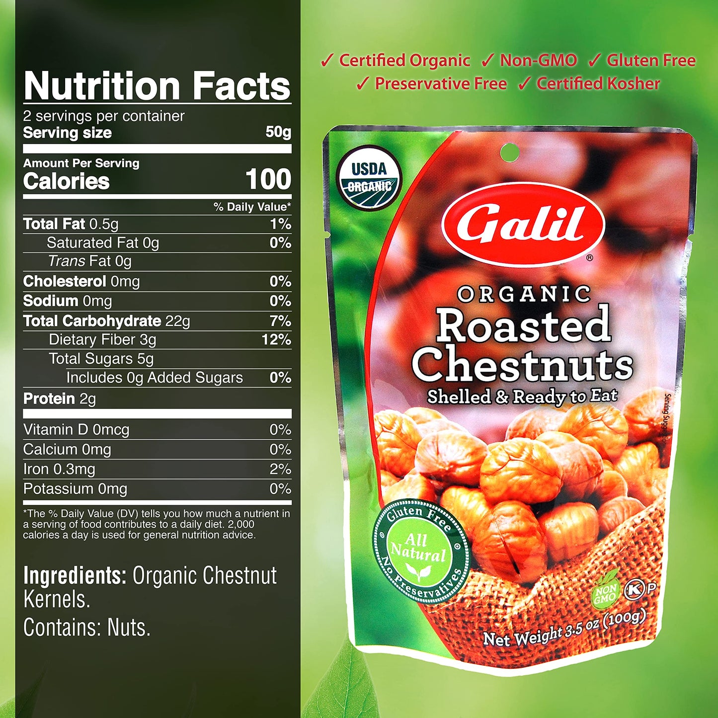 Galil Organic Roasted Chestnuts, Pack Of 6, 3.5 Oz Bags, Shelled Chestnut, Chestnuts Roasted Peeled
