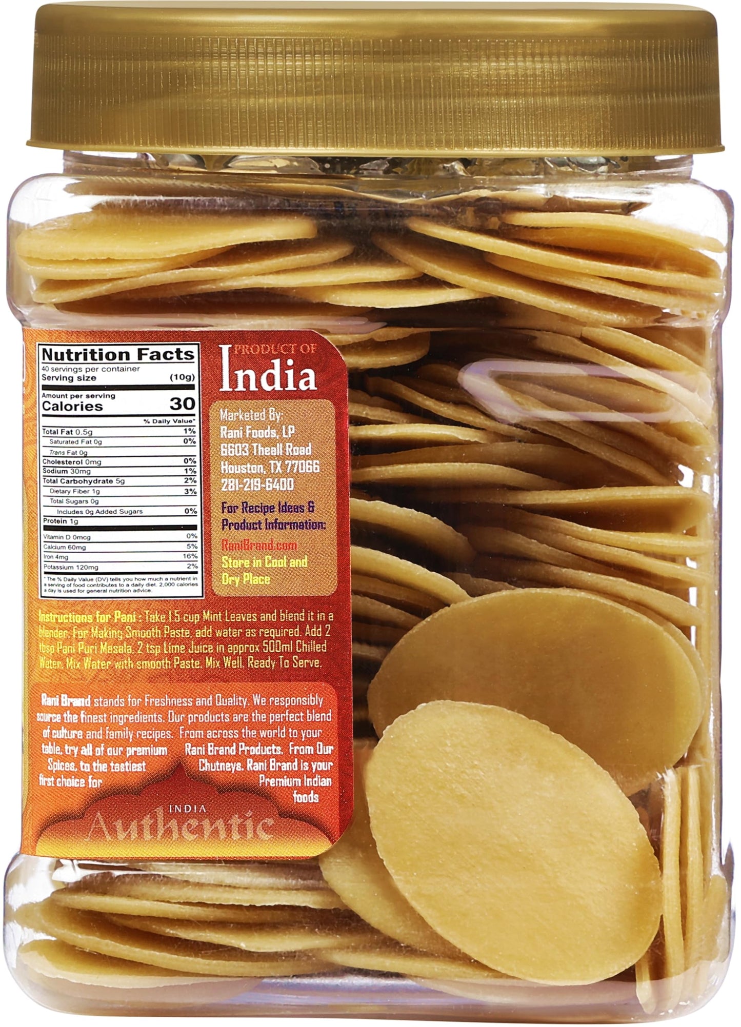 Rani Pani Puri Coins (Uncooked, Microwaveable Wheat Semolina Coins) 14oz (400g) w/Pani Puri Masala (14-Spice Blend for Indian Sp