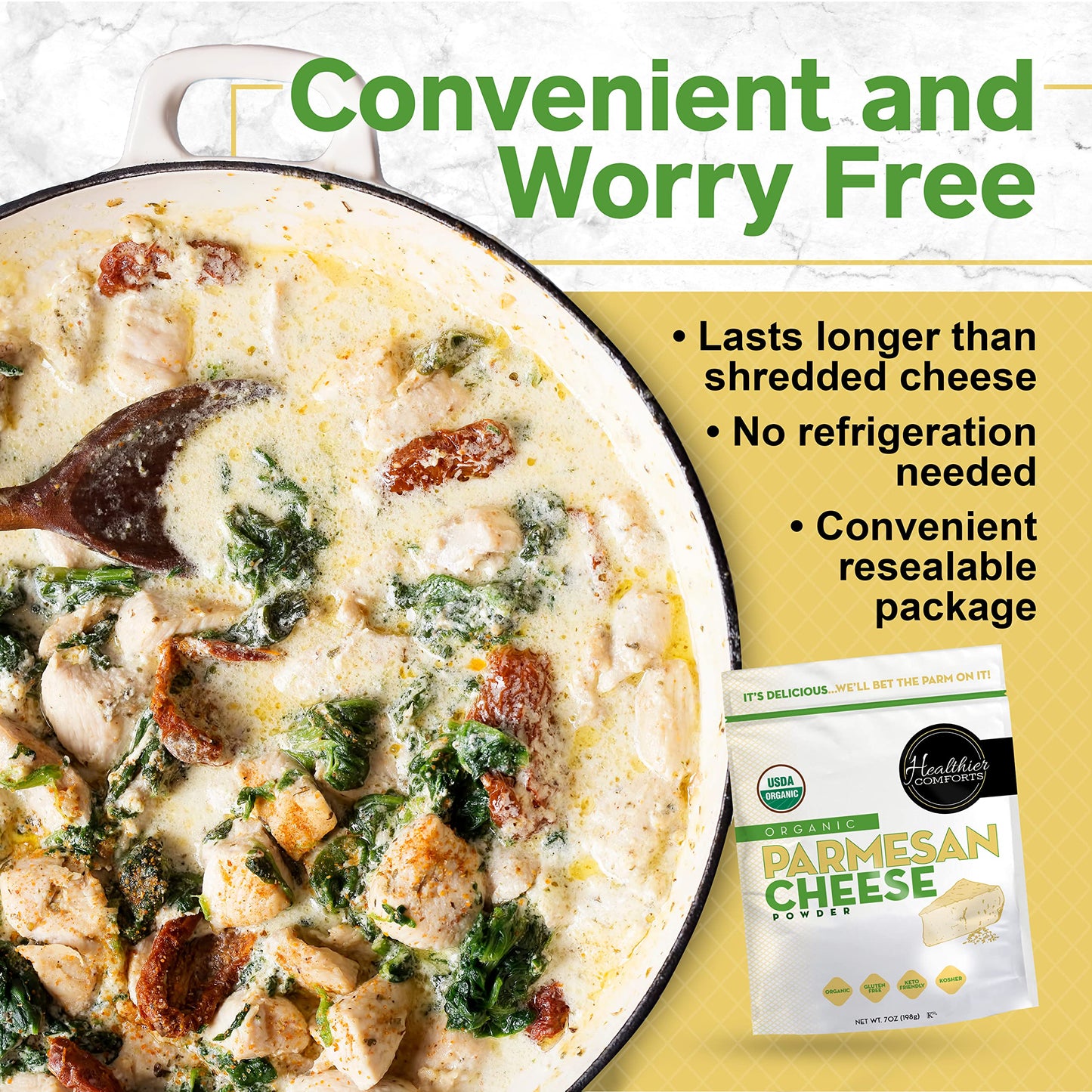 Healthier Comforts Organic Parmesan Cheese Powder, Kosher, Non-Gmo, Chemical Free, Gluten Free, Keto Friendly, From Cows Raised Free Of  S Or  S (Rbgh Or Rbst) (7 Ounce (Pack Of 1), Organic Parmesan)