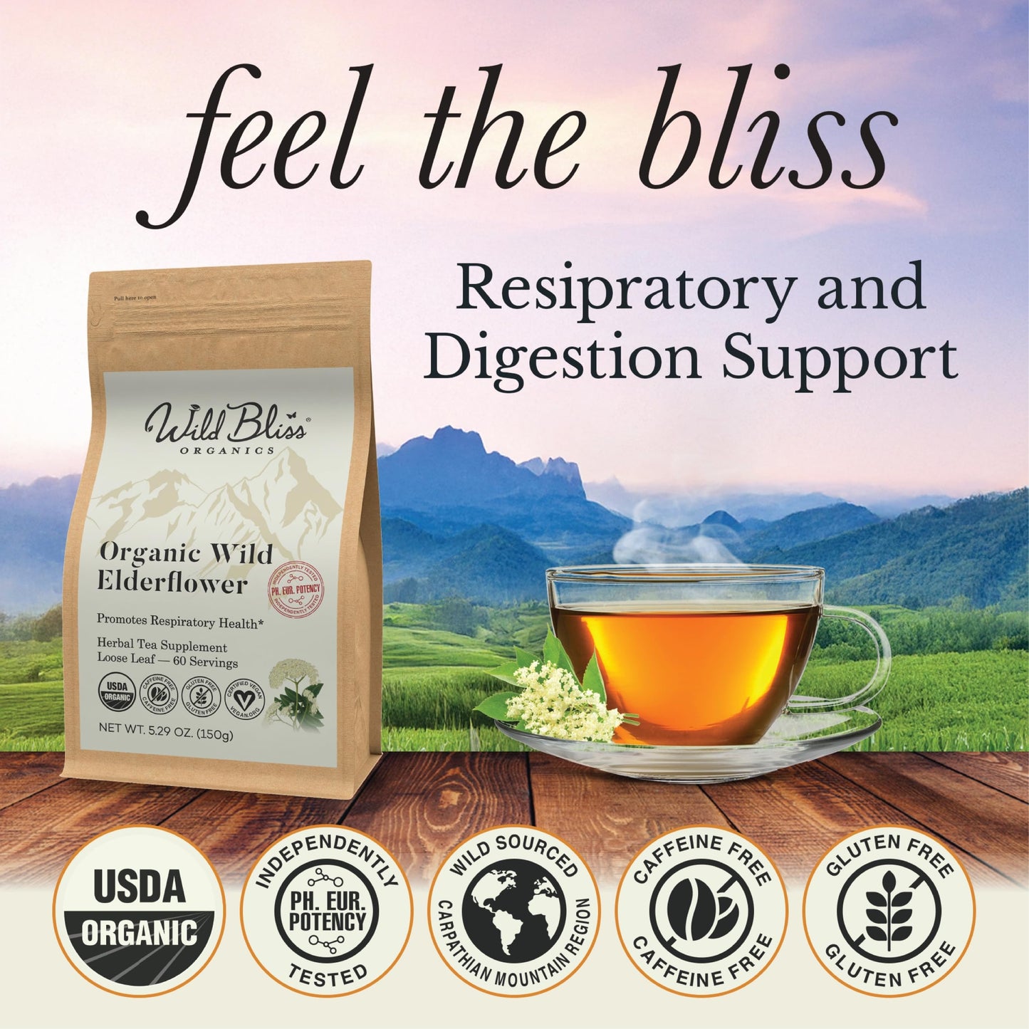 Wild Bliss Organic Elderflower Tea - Caffeine Free Loose Leaf - 60 Servings - 5.29 Ounces