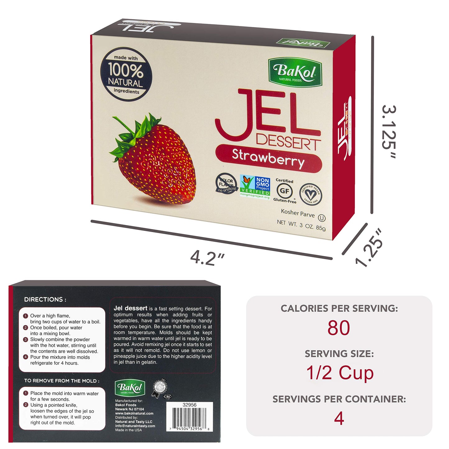 Bakol Jel Dessert - All Natural Vegan Dessert Mix - Kosher - Halal - No Artificial Sweeteners Flavors Or Colors - Strawberry Fla
