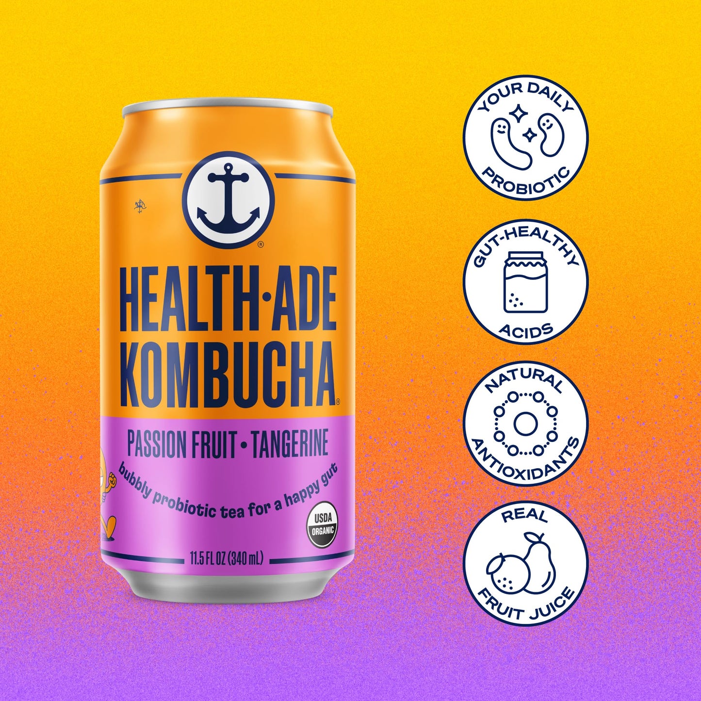 Health-Ade Passion Fruit-Tangerine Kombucha, Organic Drink, 12-Pack (11.5 Fl Oz Cans) - Fermented Tea With Probiotics, Non-Gmo,