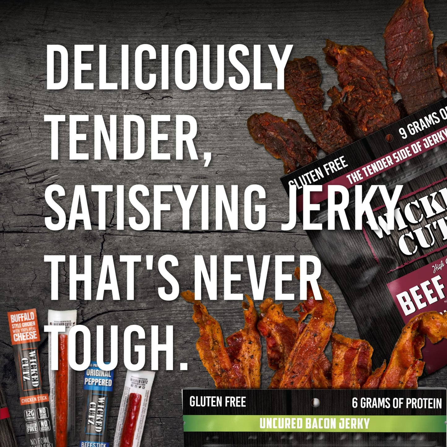 Wicked Cutz BBQ Mesquite Beef Jerky, 21g Protein, Tender & Easy to Chew, 2.75 oz (Pack of 2)