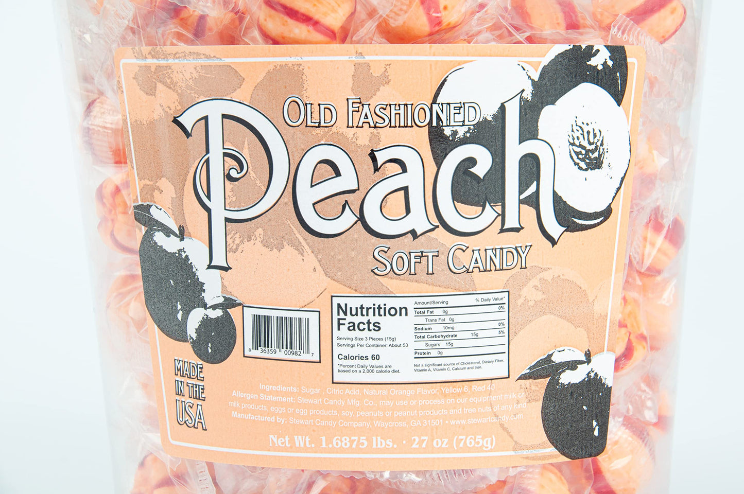 Stewart Old Fashioned Peach Flavored Pure Sugar Candy Puff Balls - Individually Wrapped Candy Snack, Fat-Free, Cholesterol-Free,