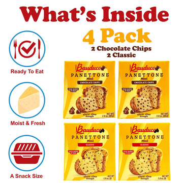 Panettone Cakes Variety Pack, 4 Pack (2.8 Oz Each), Individually Wrapped Mini Classic Sweet Bread, Classic Moist Fresh Fruit And